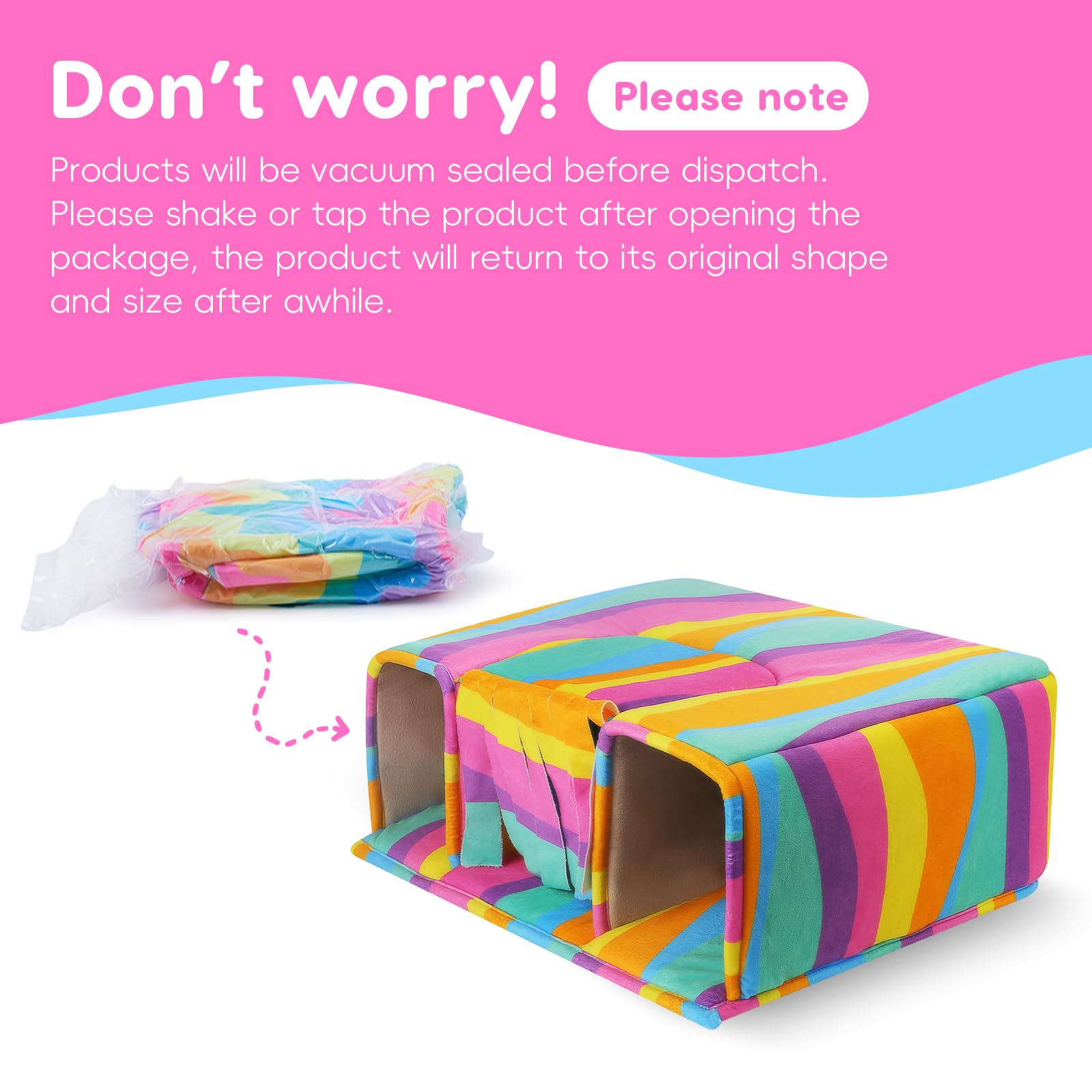 TailoWag rainbow bed and toy combo supports nesting, tunneling, and gentle play