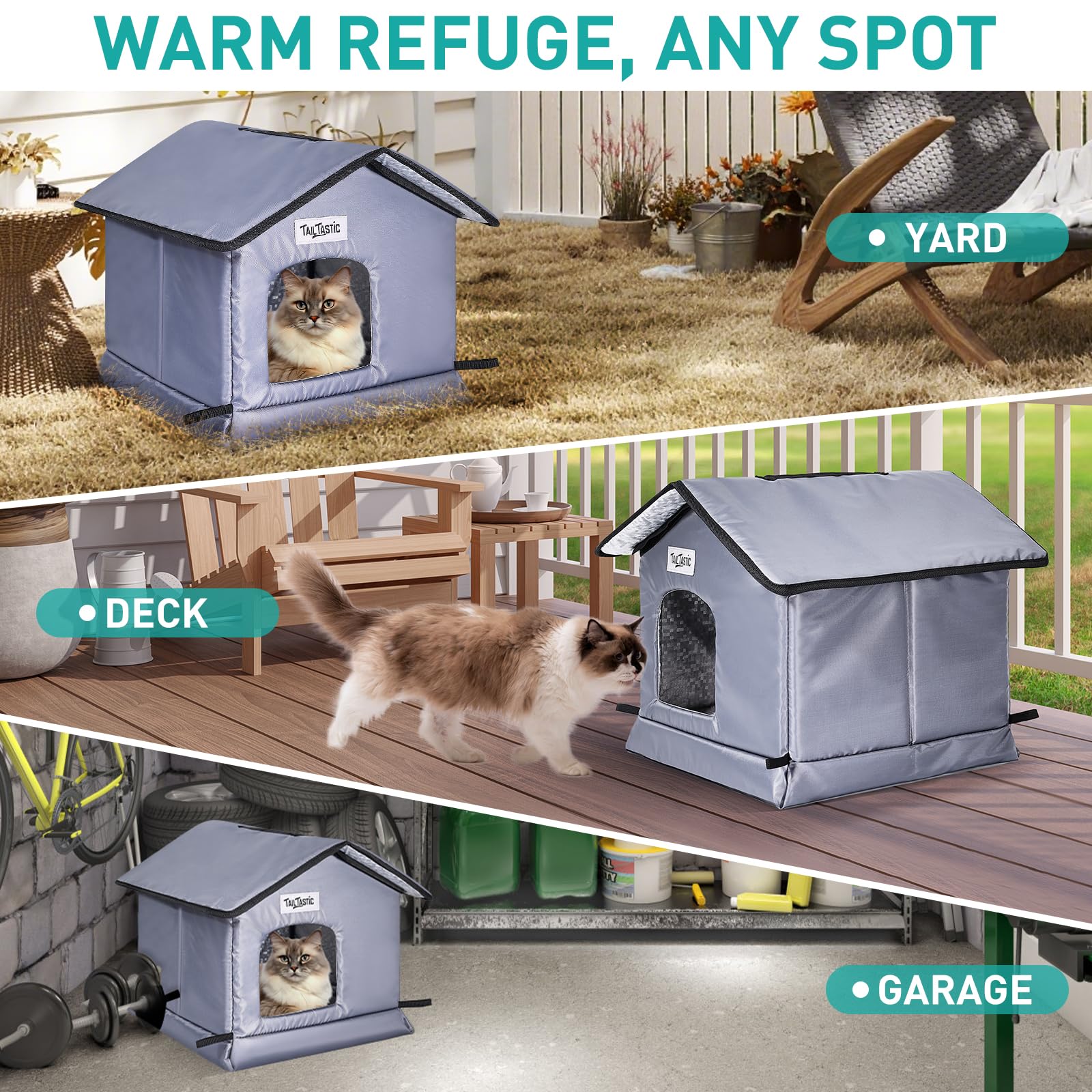 TailTastic porch-placement outdoor-cat-house demonstrates versatile all-weather use.
