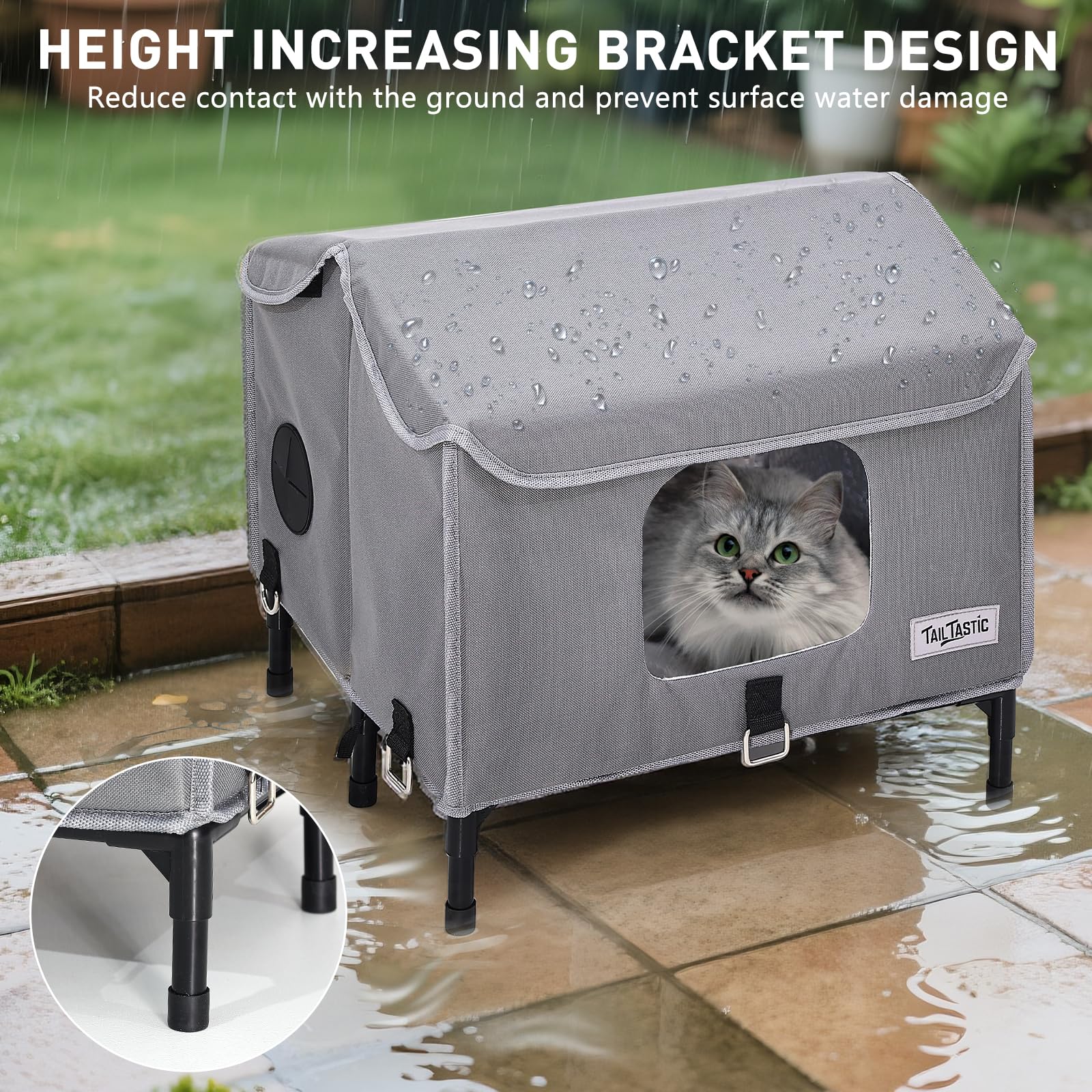 TailTastic weatherproof cat shelter in use with multiple cats and cozy interior.