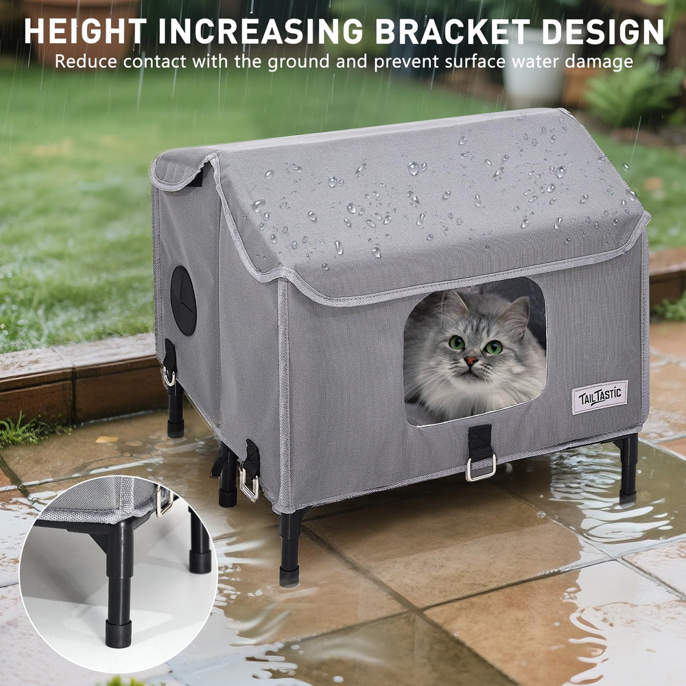 TailTastic weatherproof cat shelter in use with multiple cats and cozy interior.
