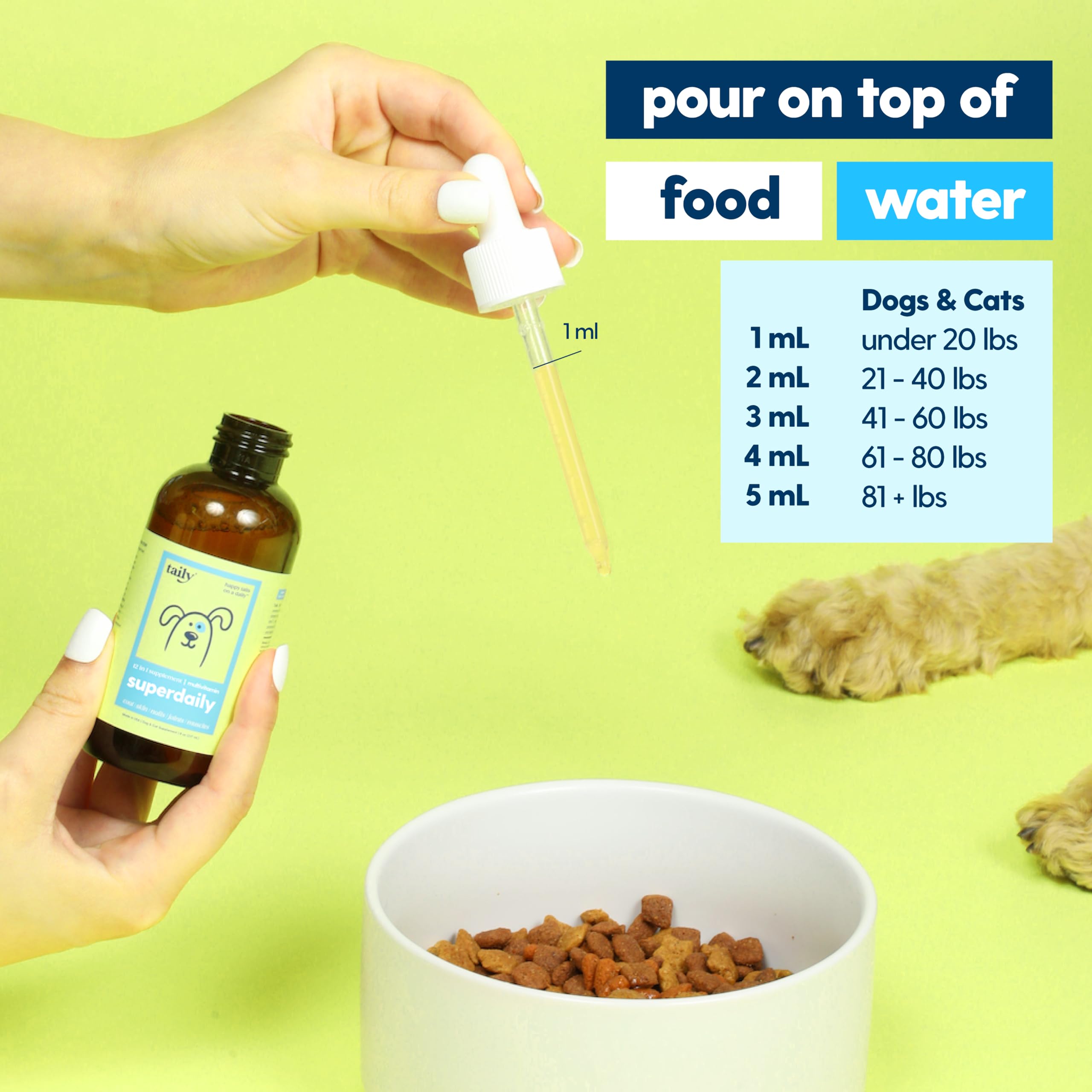Taily all-in-one daily care scene suggests improved energy, coat, and digestion