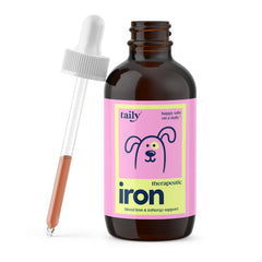 Taily AminoPets liquid iron bottle close-up highlighting easy-use formula for pets