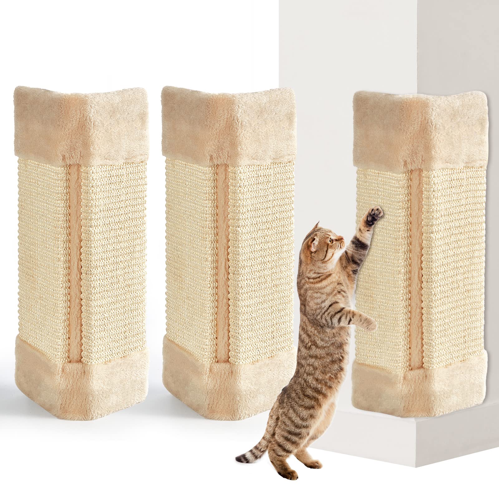 Taiyin 3-Pack Cat Scratcher Corner Pad wall-mounted beige front view for wall protection.