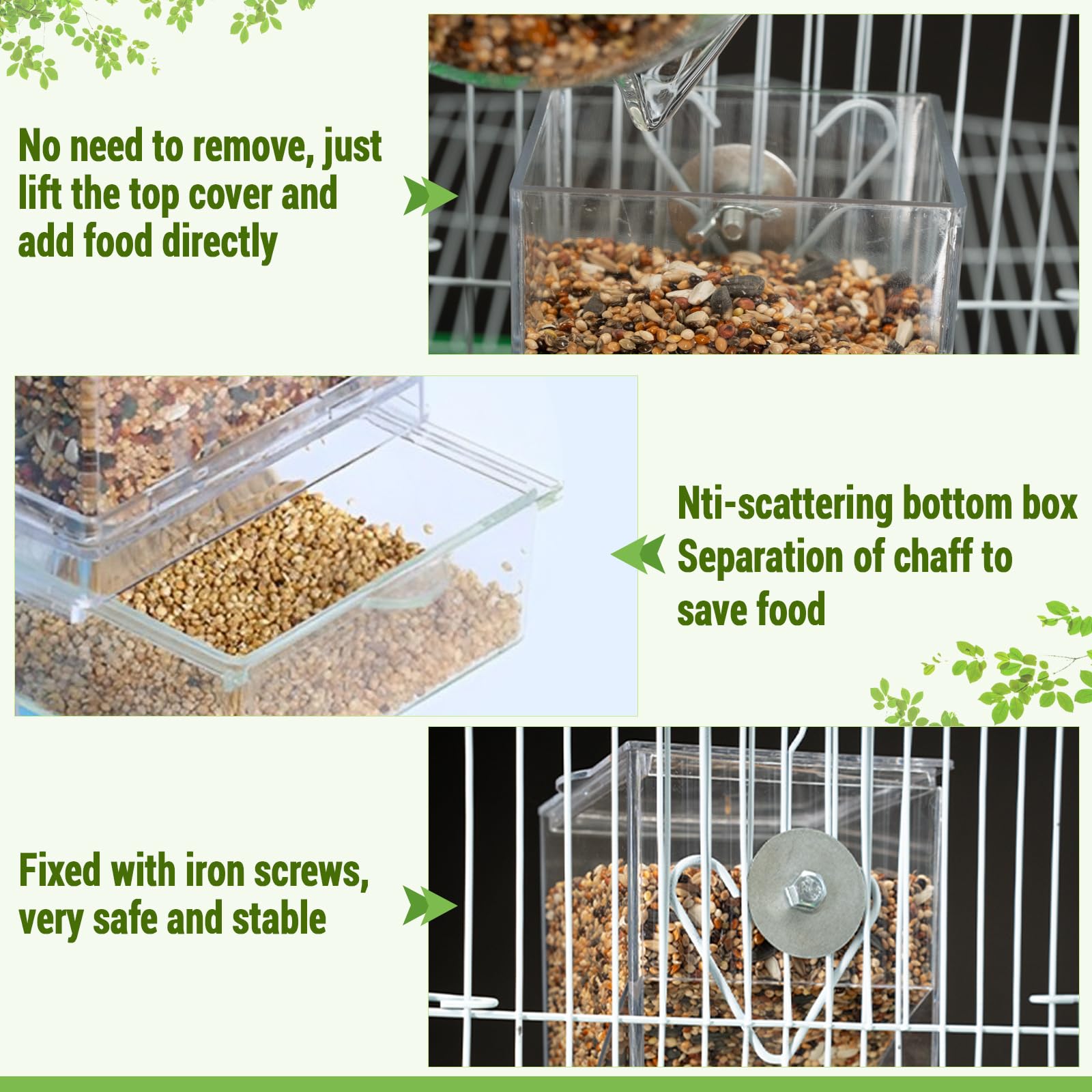 TAKORUY outside/inside cage mount simplifies setup without disturbing birds.