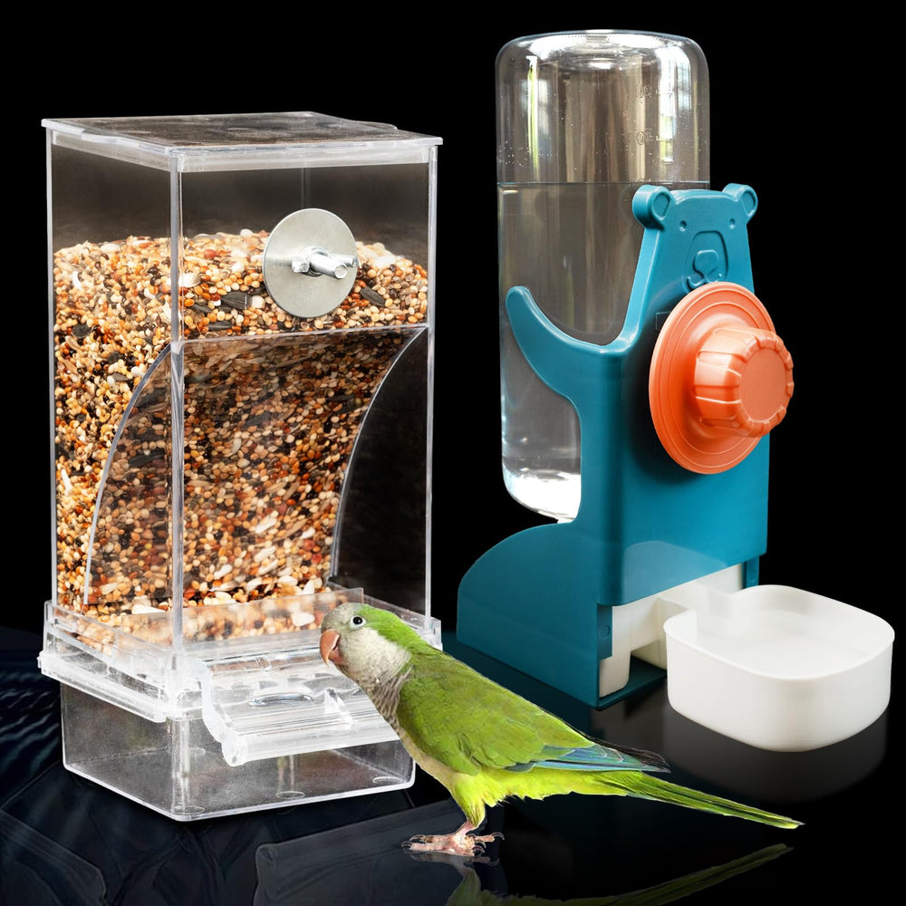 TAKORUY no mess automatic bird seed feeder keeps cage tidy during feeding.