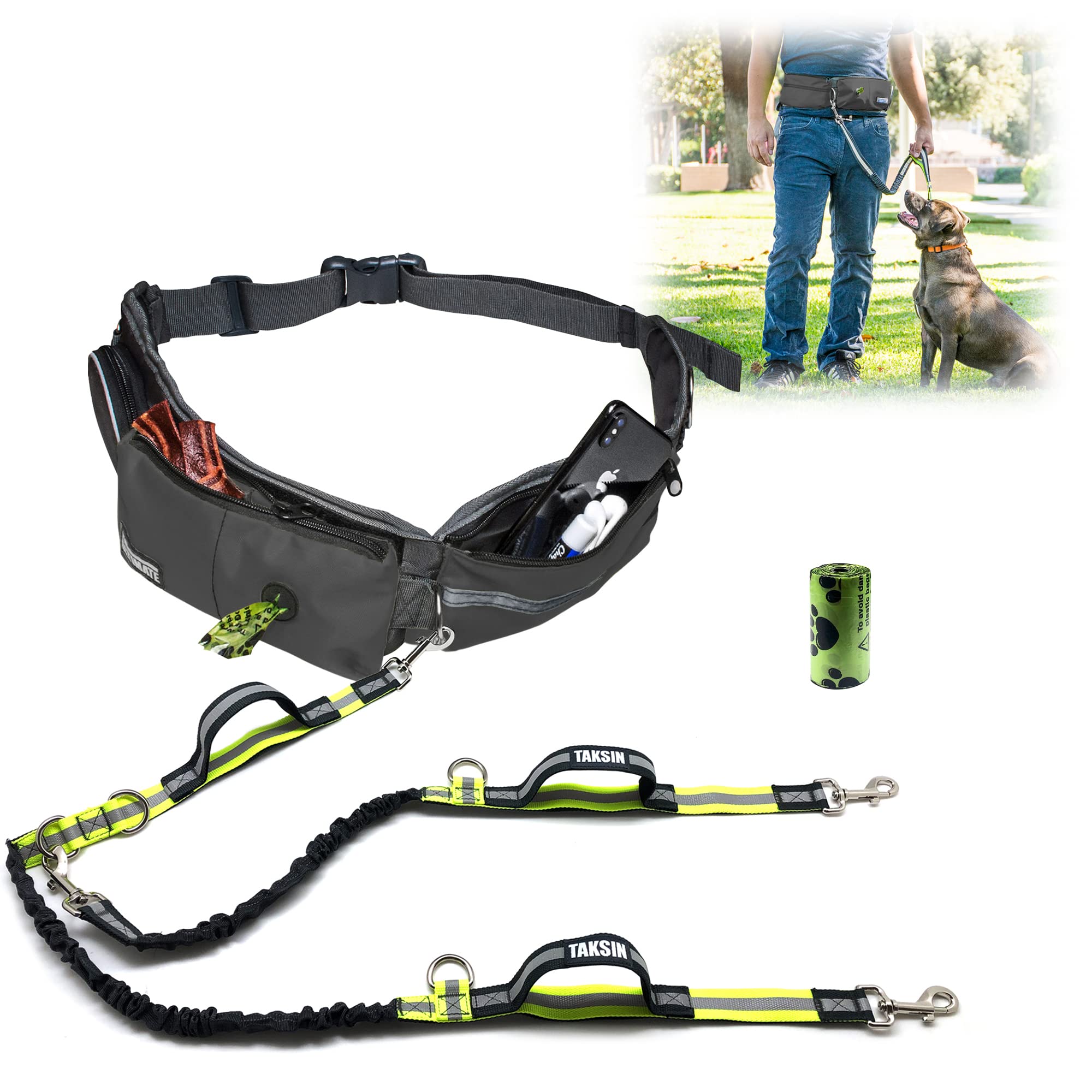 TAKSIN two-dogs double leash system grey pack for hands-free walking control