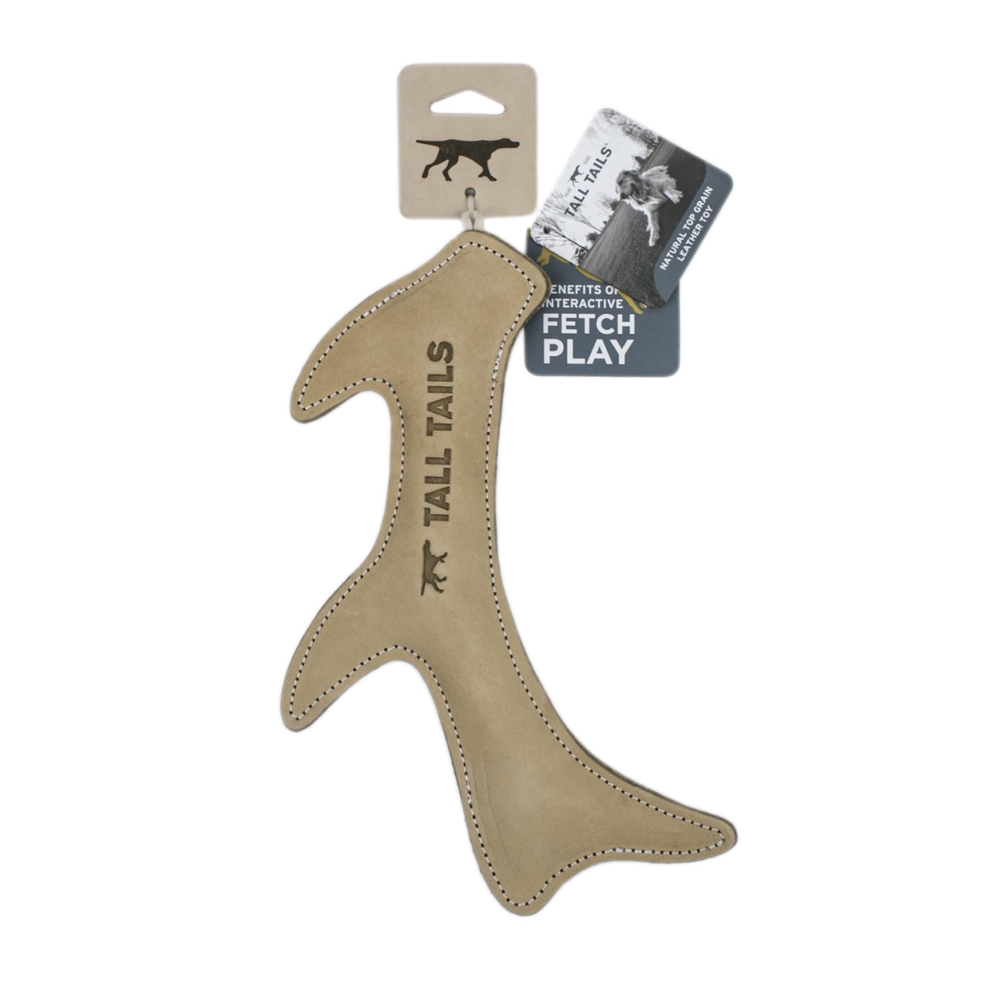 Tall Tails 11-inch leather dog toy showcased in outdoor fetch setting.