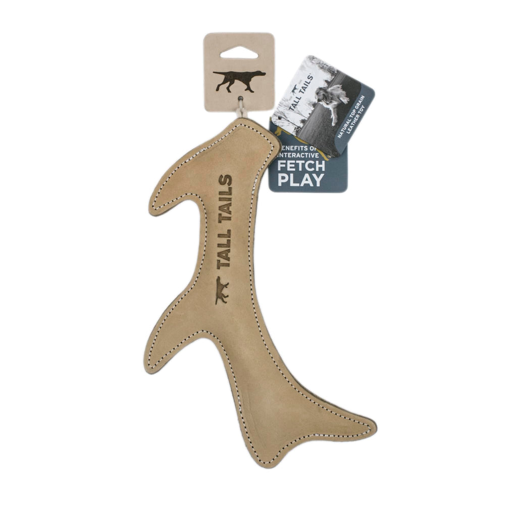 Tall Tails 11-inch leather dog toy showcased in outdoor fetch setting.