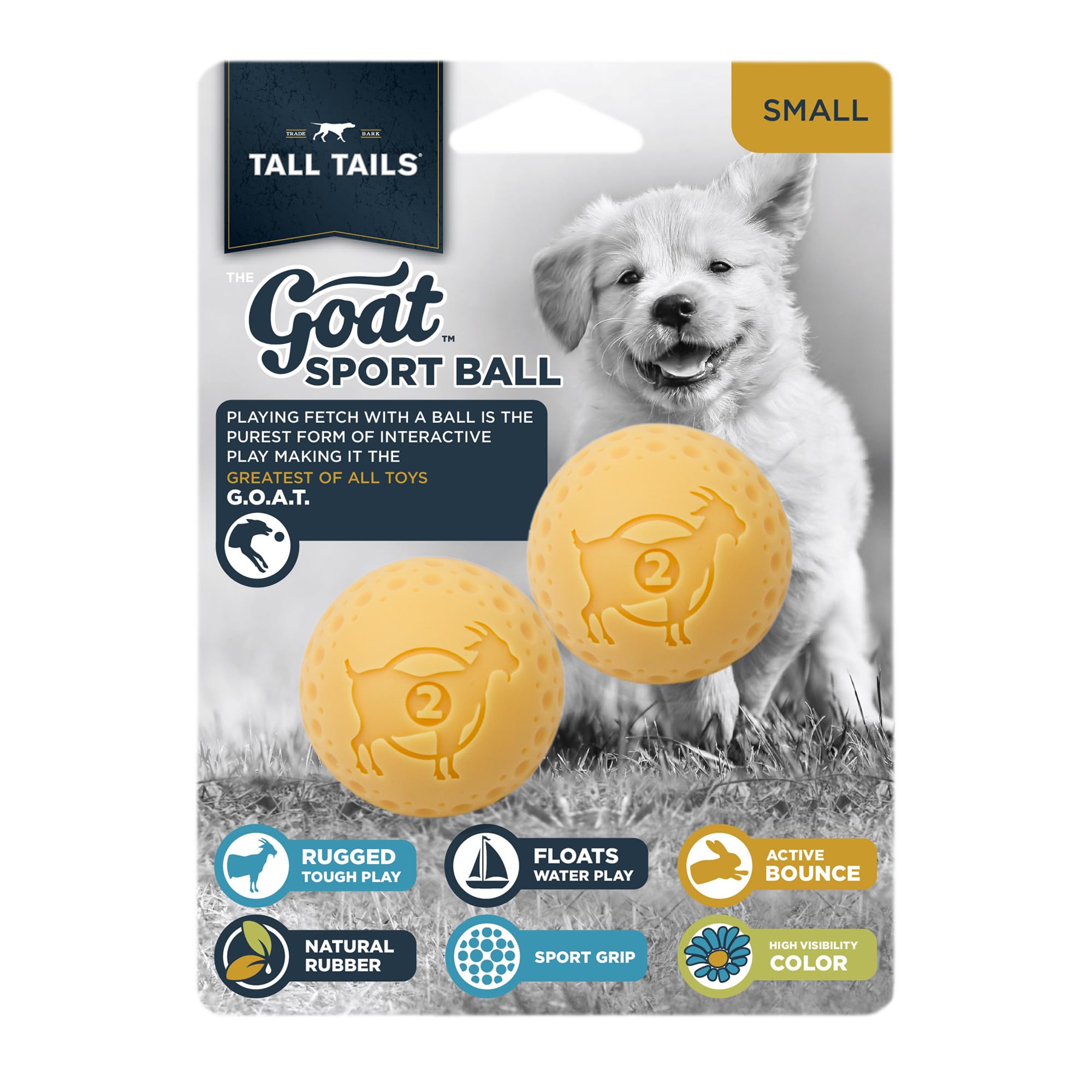 Tall Tails G.O.A.T sport ball small front view highlights durable rubber for rugged fetch.