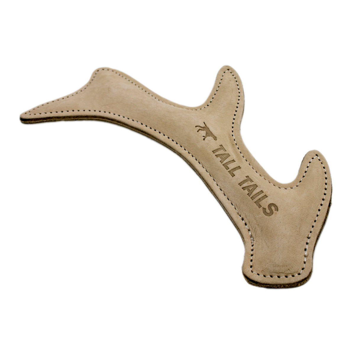 Tall Tails leather antler fetch toy for dogs gripping during fetch and tug games.