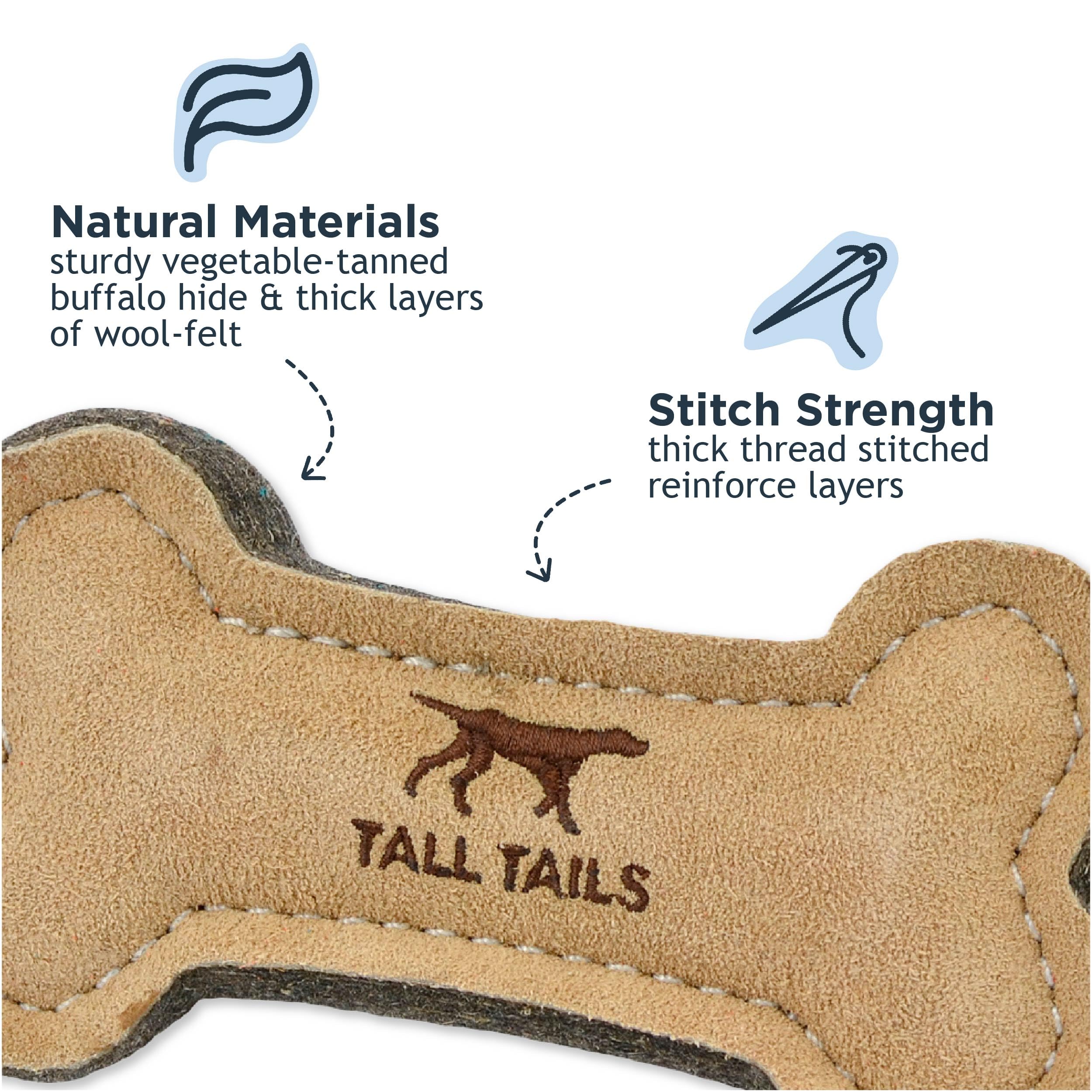 Tall Tails leather bone fetch toy 6in, in-dog-play scene, great for fetch and tug.
