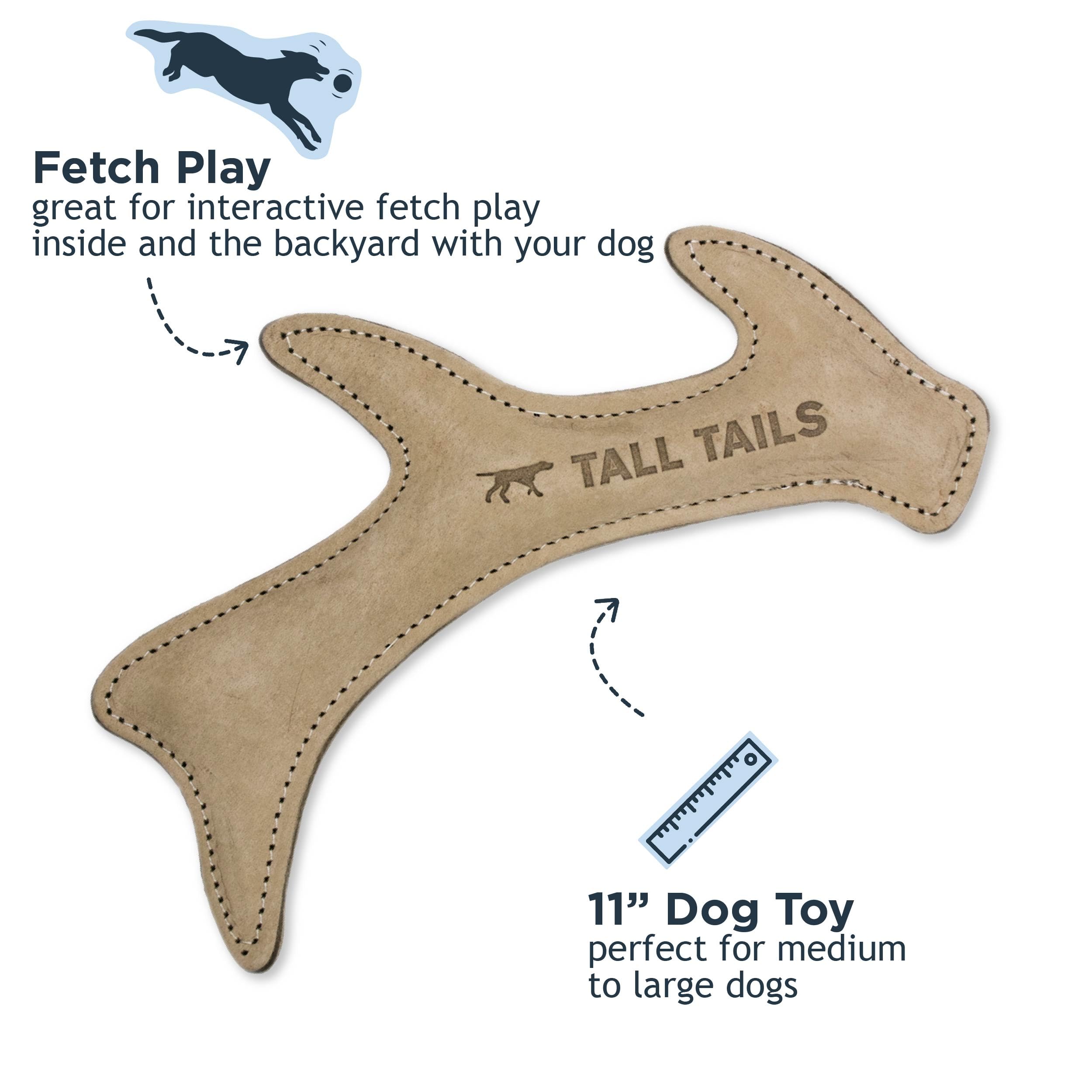 Tall Tails leather-fetch toy close-up shows sturdy stitching for durable dog play sessions.