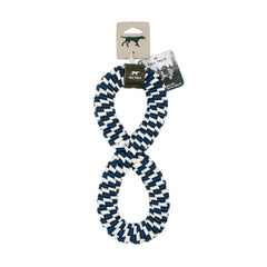 Tall Tails Navy braided infinity tug toy demonstrates elasticity creating gaps during play.