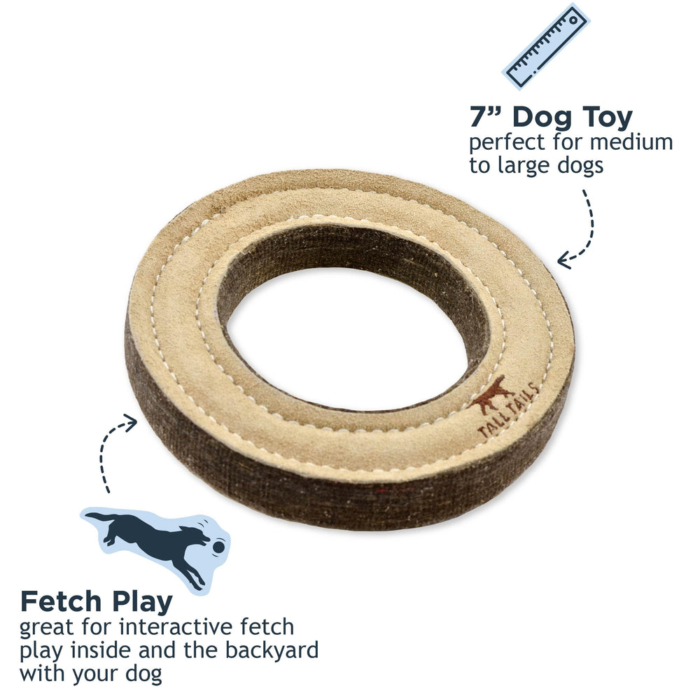 Tall Tails Ring Natural Leather Fetch Toy close-up of buffalo hide texture for durability