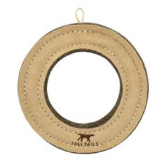 Tall Tails Ring Natural Leather Fetch Toy during a fetch session for medium to large dogs