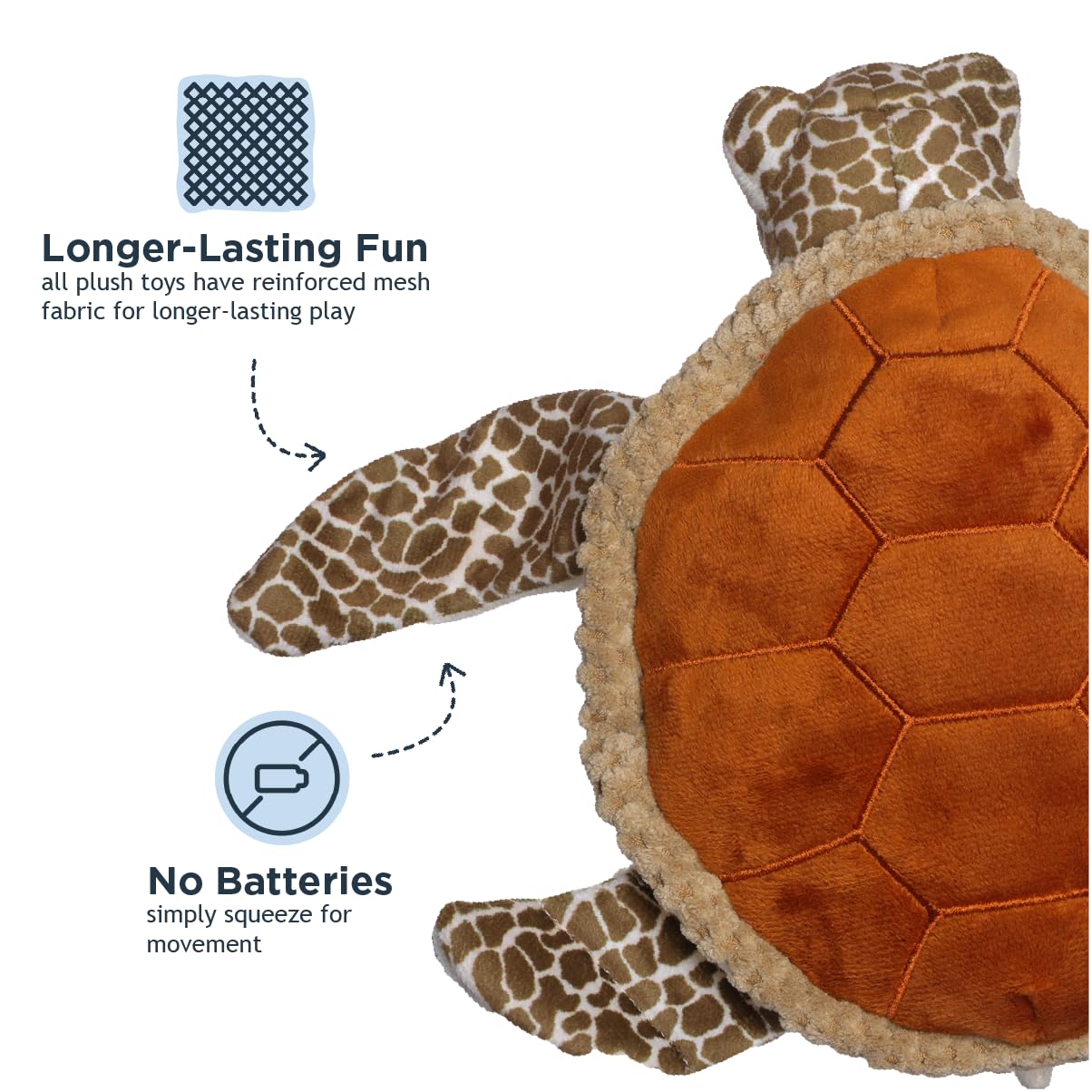 Tall Tails sea turtle plush close-up emphasizes reinforced mesh fabric durability.