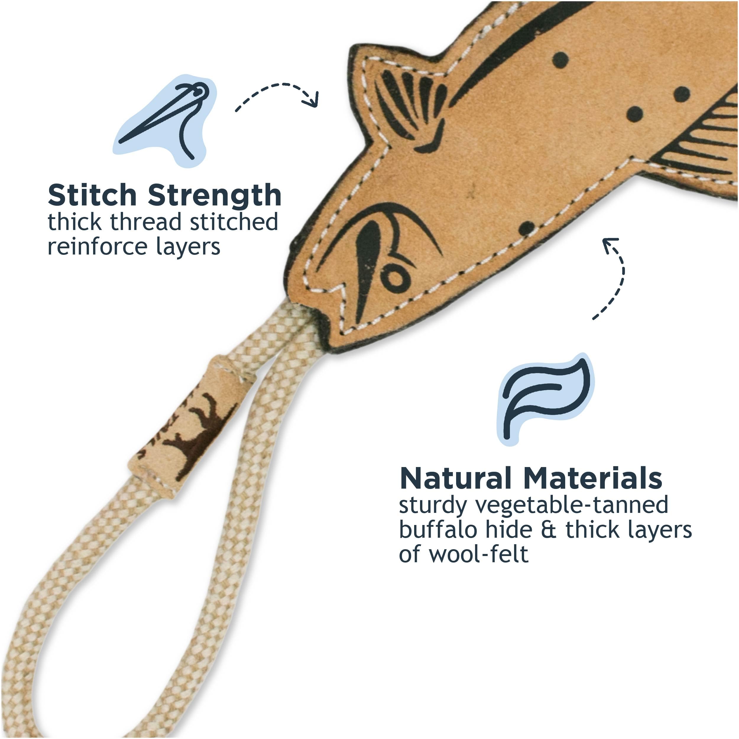 Tall Tails Trout Tug Toy wool felt stitching highlights reinforced construction for longevity