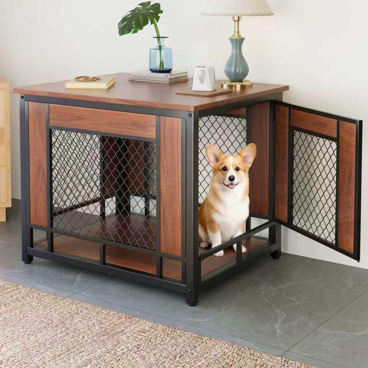 TALORFU dog crate furniture side view shows rustic wood frame for stylish storage