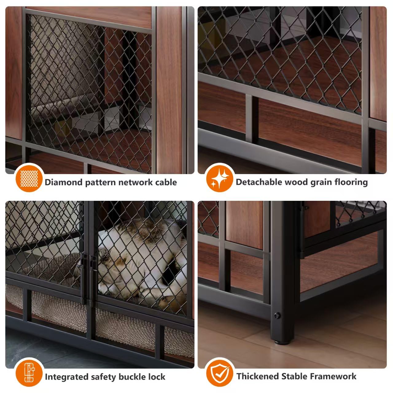 TALORFU dog crate table assembly image illustrates quick, tool-free setup