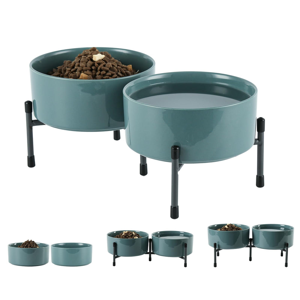 TAMAYKIM 32oz ceramic bowls on an elevated stand in blue grey, promoting comfortable feeding.
