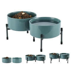 TAMAYKIM 32oz ceramic bowls on an elevated stand in blue grey, promoting comfortable feeding.