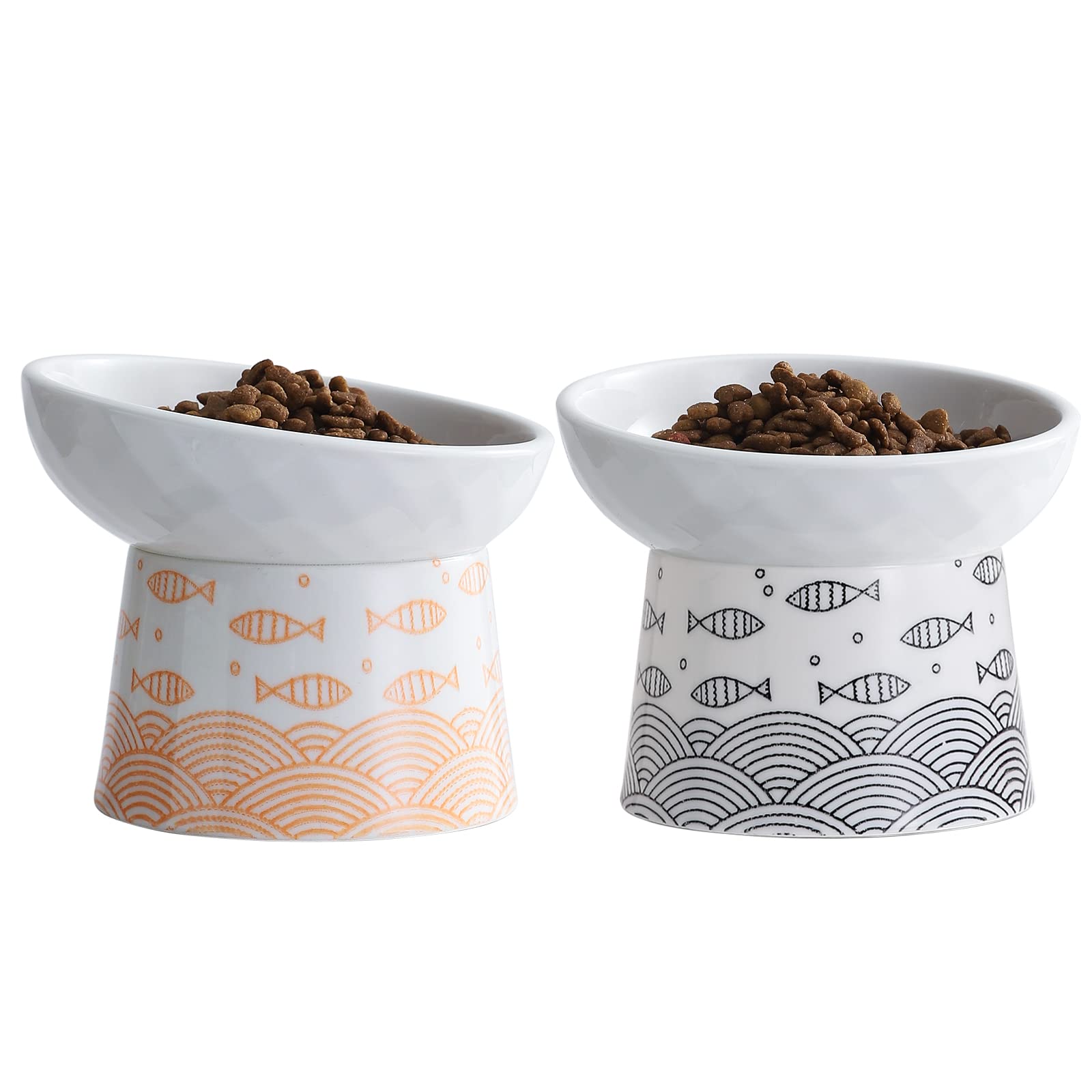 Tamaykim tilted-ceramic-elevated-cat-bowls shown in main view whisker-friendly feeding.