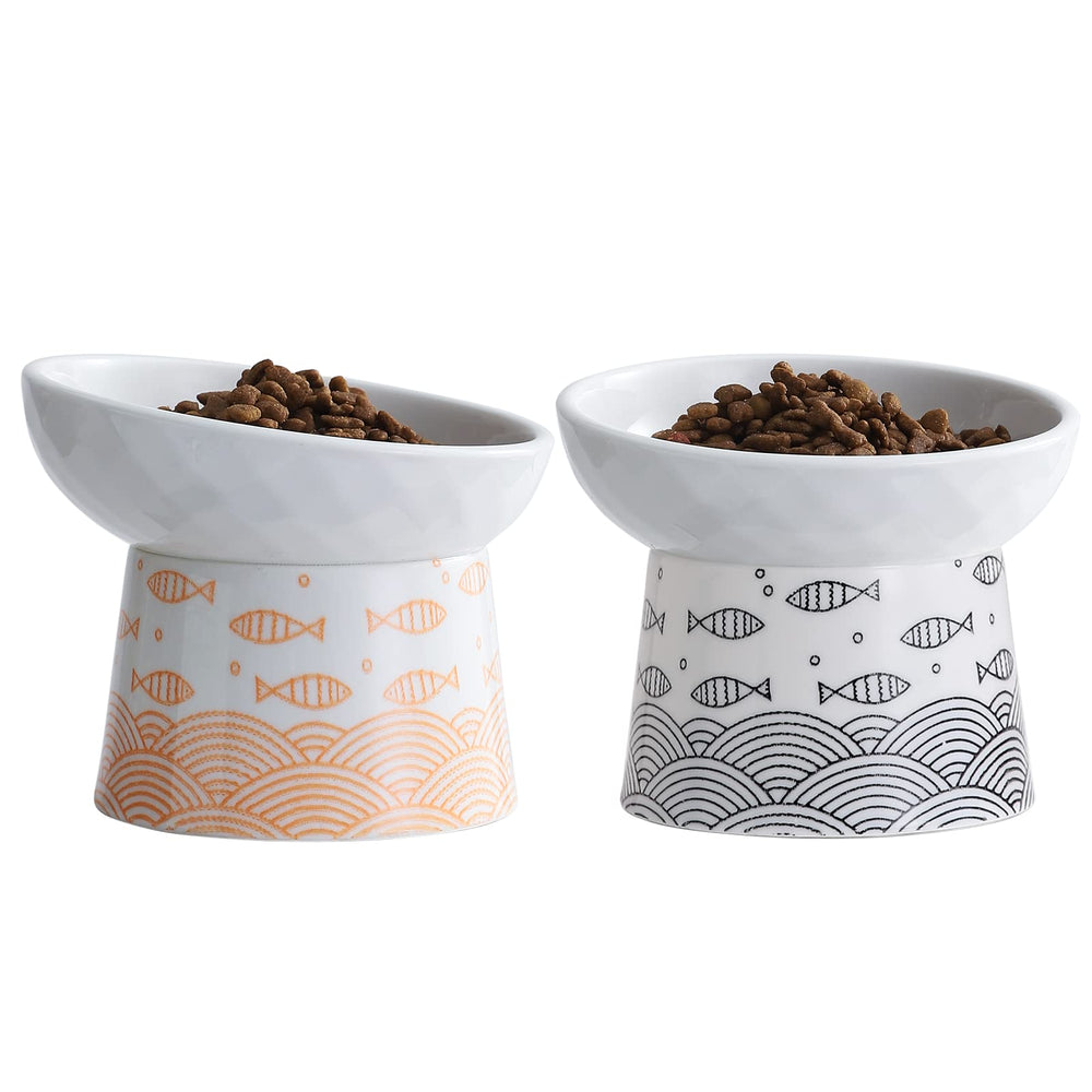 Tamaykim tilted-ceramic-elevated-cat-bowls shown in main view whisker-friendly feeding.