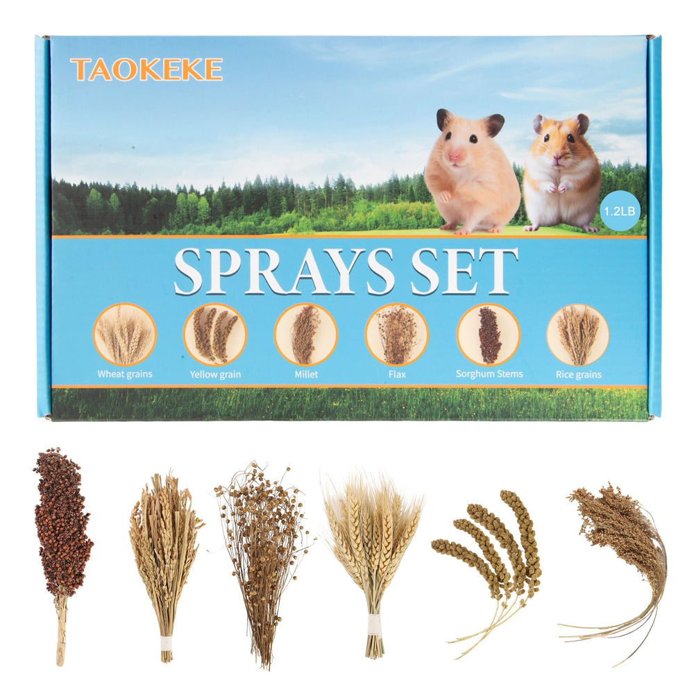 TAOKEKE hamster spray set packaging highlights natural foraging toys for small pets