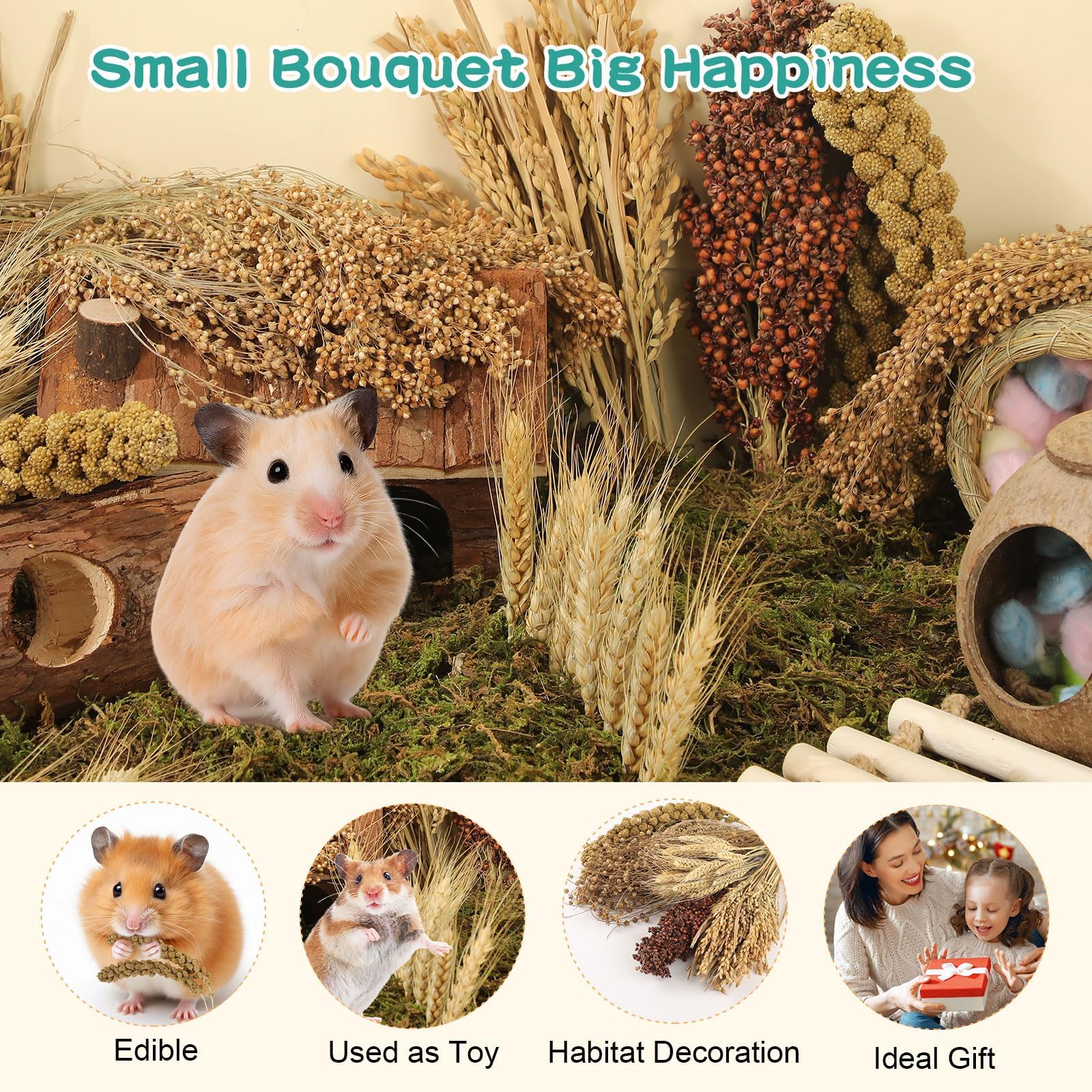 TAOKEKE Hamster Spray Set sorghum millet sticks shown foraging and habitat decoration