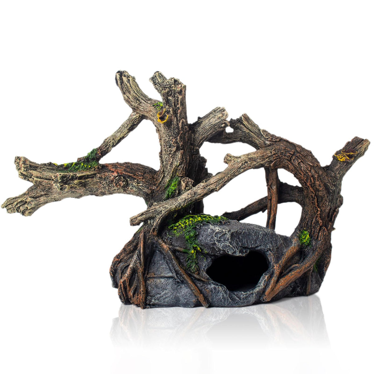 TAOMYPETS artificial tree trunk close-up, durable resin, fade-resistant for long-lasting aquarium decor.