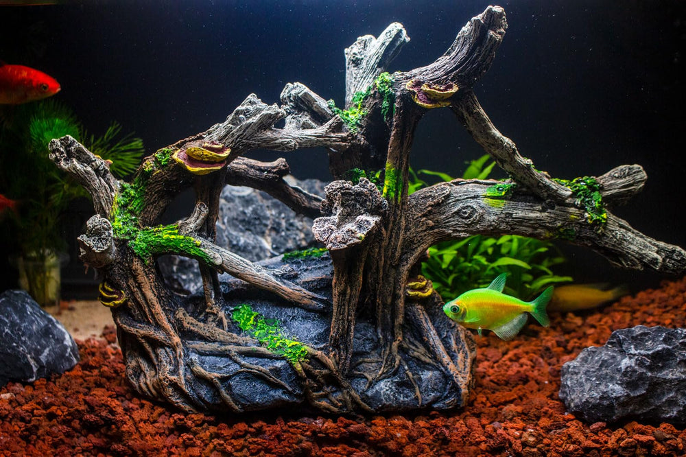 TAOMYPETS resin driftwood closeup, non-toxic, safe for fish and shrimp habitats.