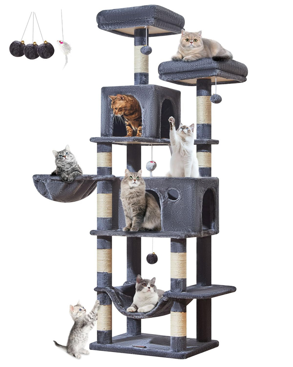 Taoqimiao 73-inch cat tree overview showing tall, multi-level play and rest areas