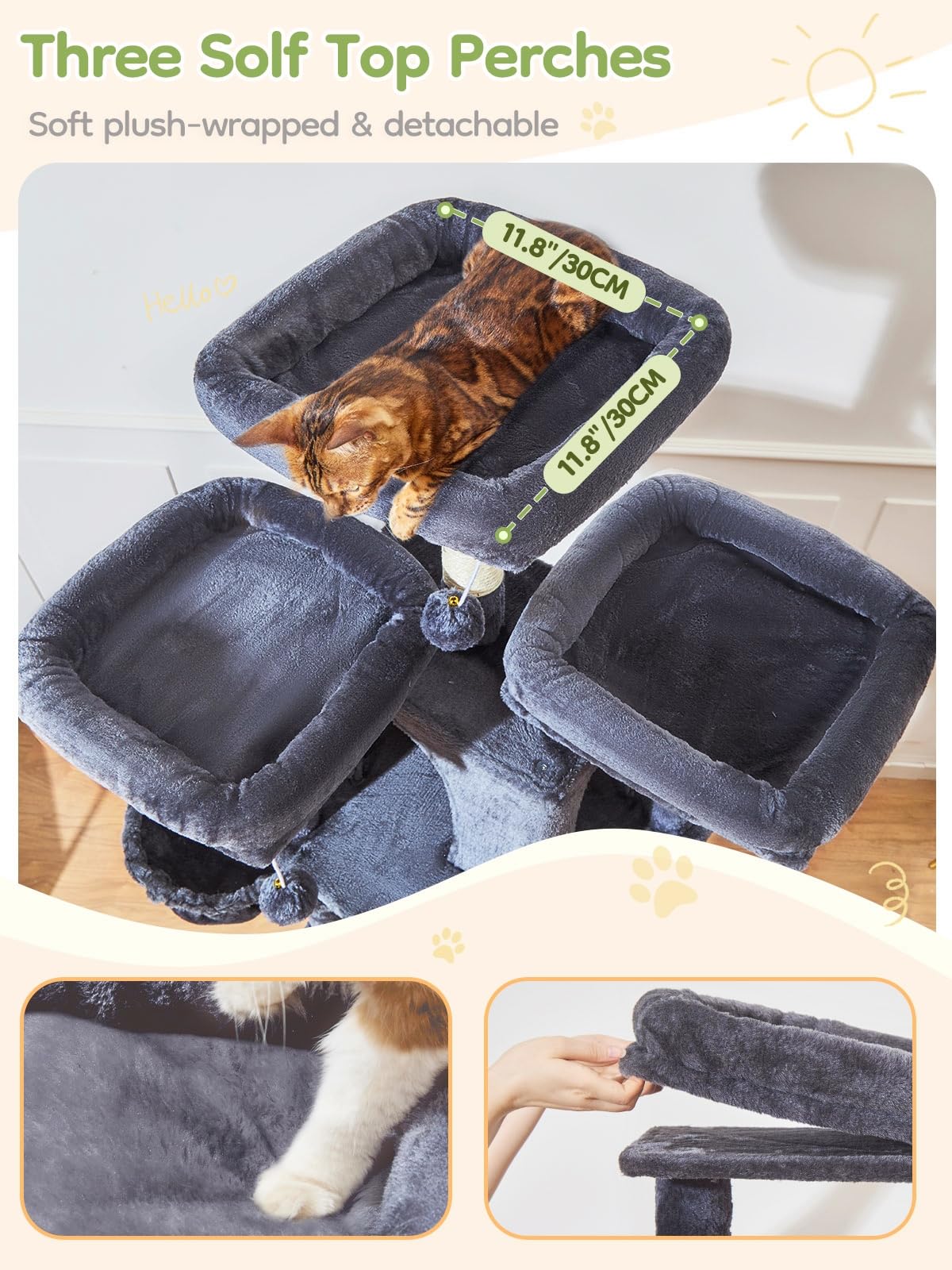 Taoqimiao 76-Inch Cat Tree XXL double condos for quiet cat retreats.