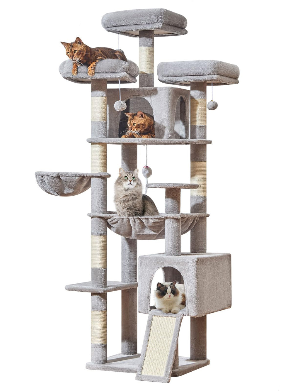 Taoqimiao 76-Inch Cat Tree XXL condos provide roomy lounging spaces for cats.