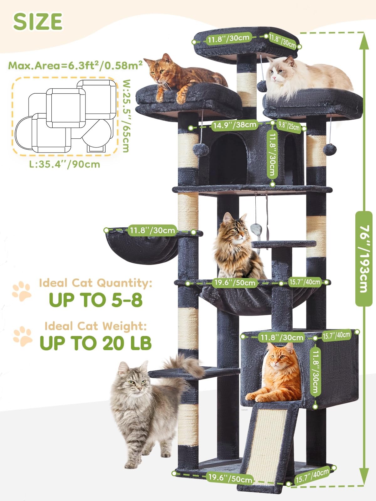 Taoqimiao 76-Inch Cat Tree XXL hanging basket for flexible resting spots.