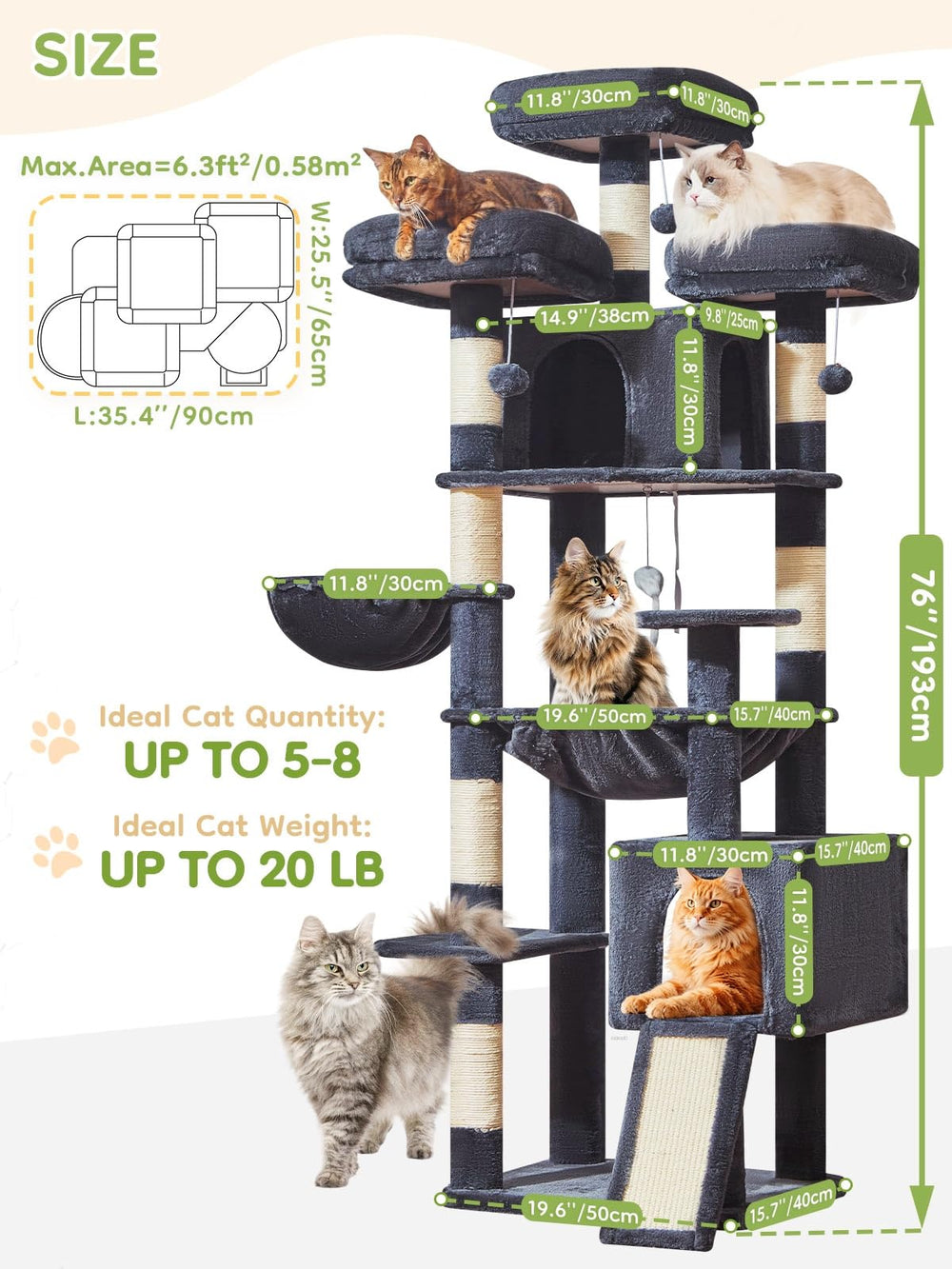 Taoqimiao 76-Inch Cat Tree XXL hanging basket for flexible resting spots.
