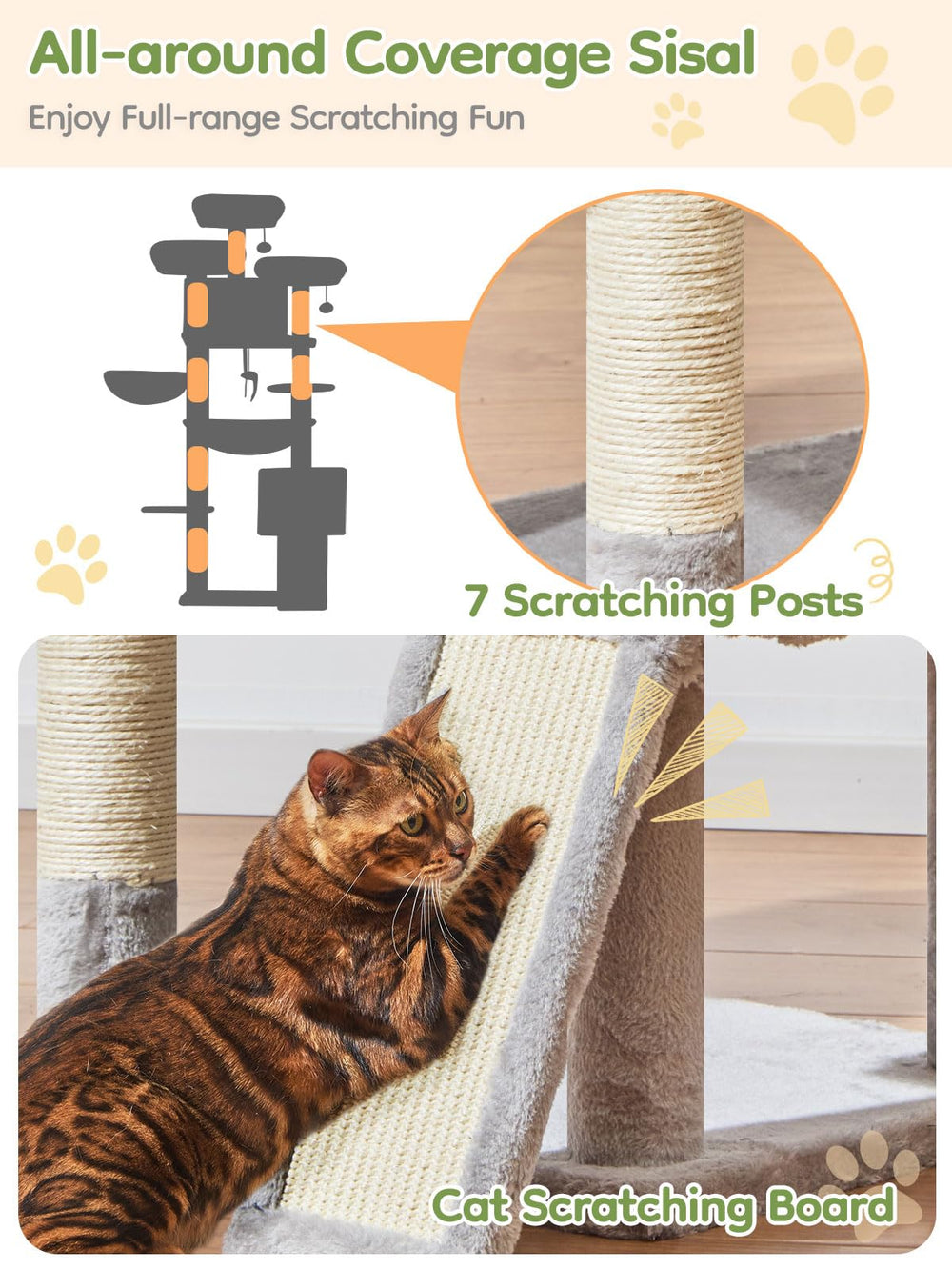 Taoqimiao 76-Inch Cat Tree XXL hanging basket emphasizes playful perching and nesting.