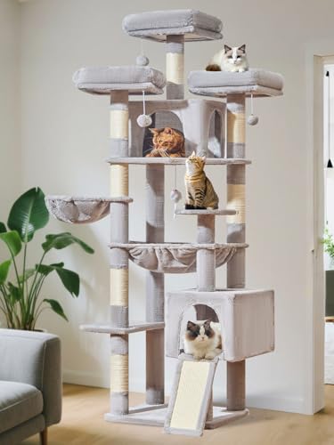 Taoqimiao 76-Inch Cat Tree XXL light gray fabric complements home decor.
