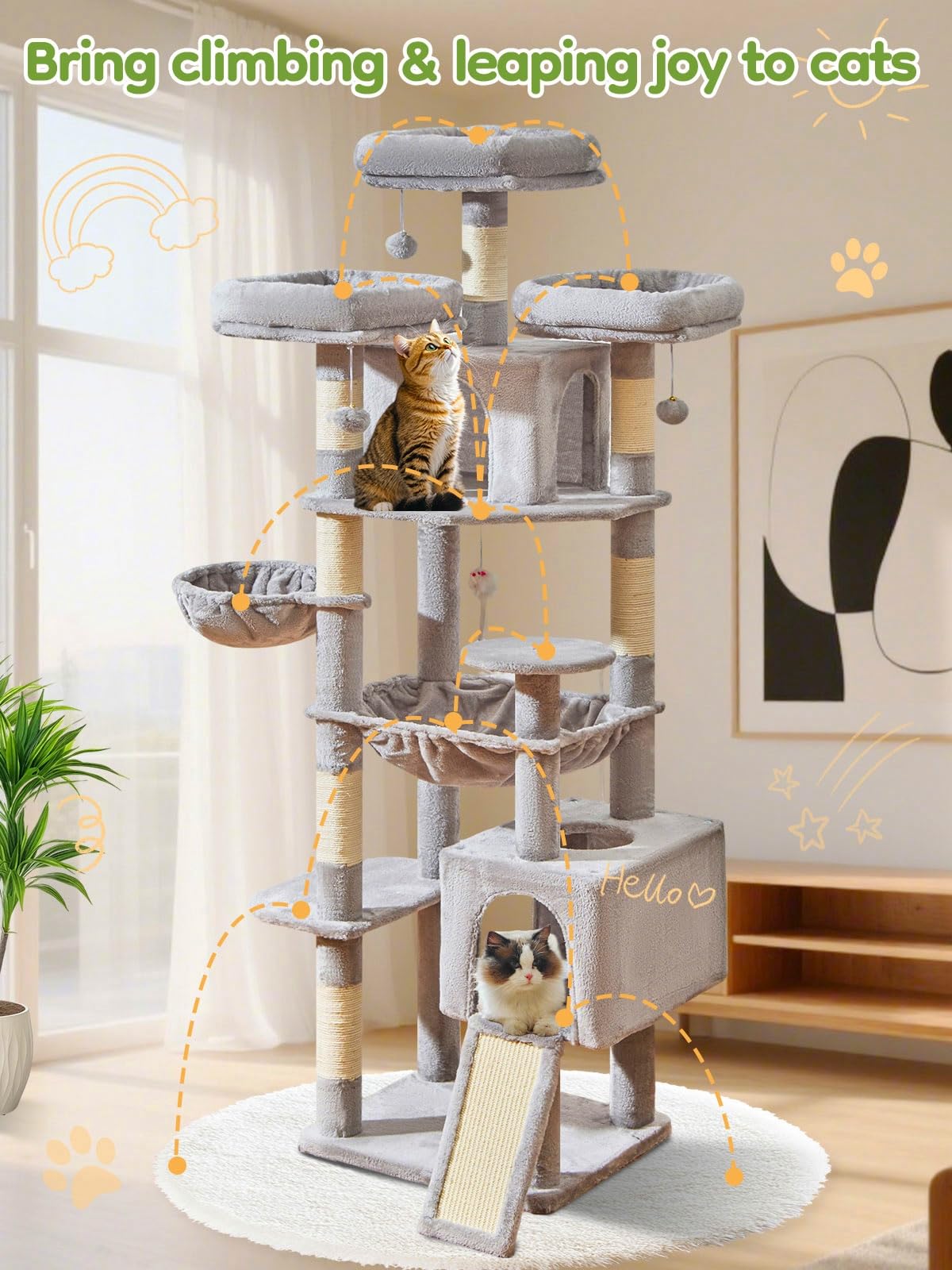 Taoqimiao 76-Inch Cat Tree XXL multi-cat scene illustrates shared play and space efficiency.