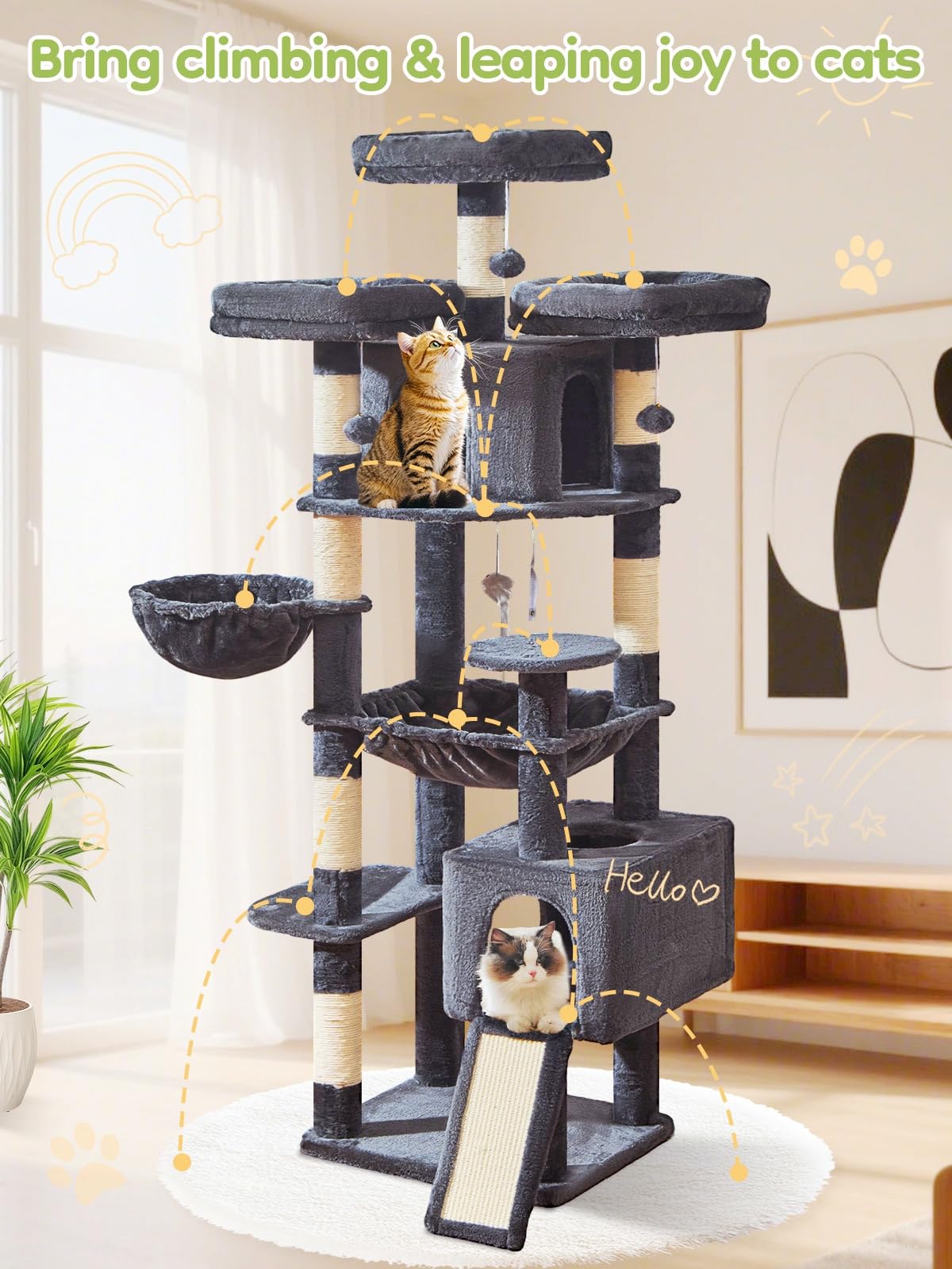 Taoqimiao 76-Inch Cat Tree XXL large scratching board protects furniture.