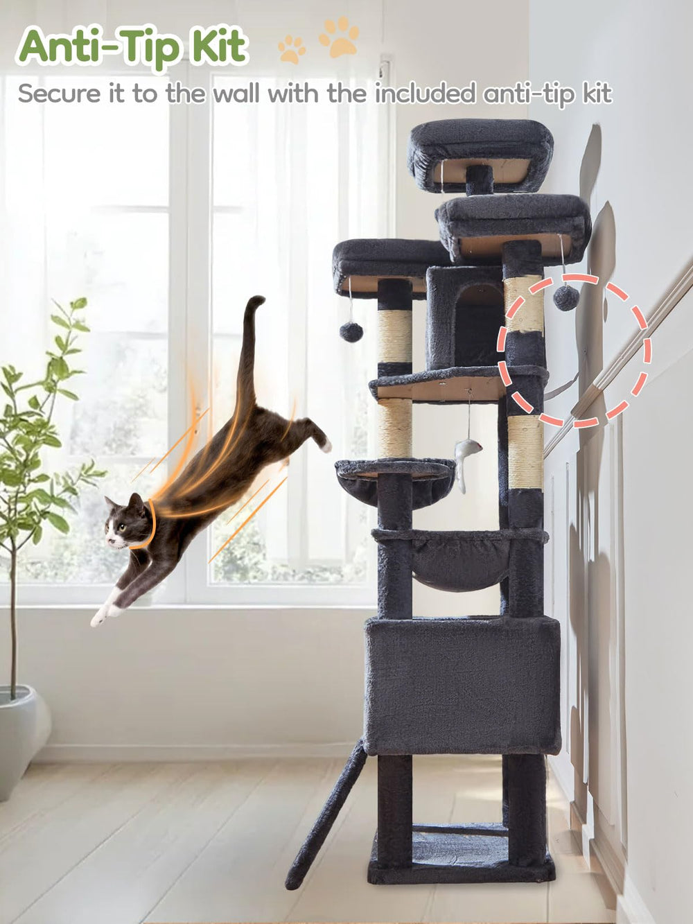 Taoqimiao 76-Inch Cat Tree XXL seven sisal posts satisfy scratching instincts.