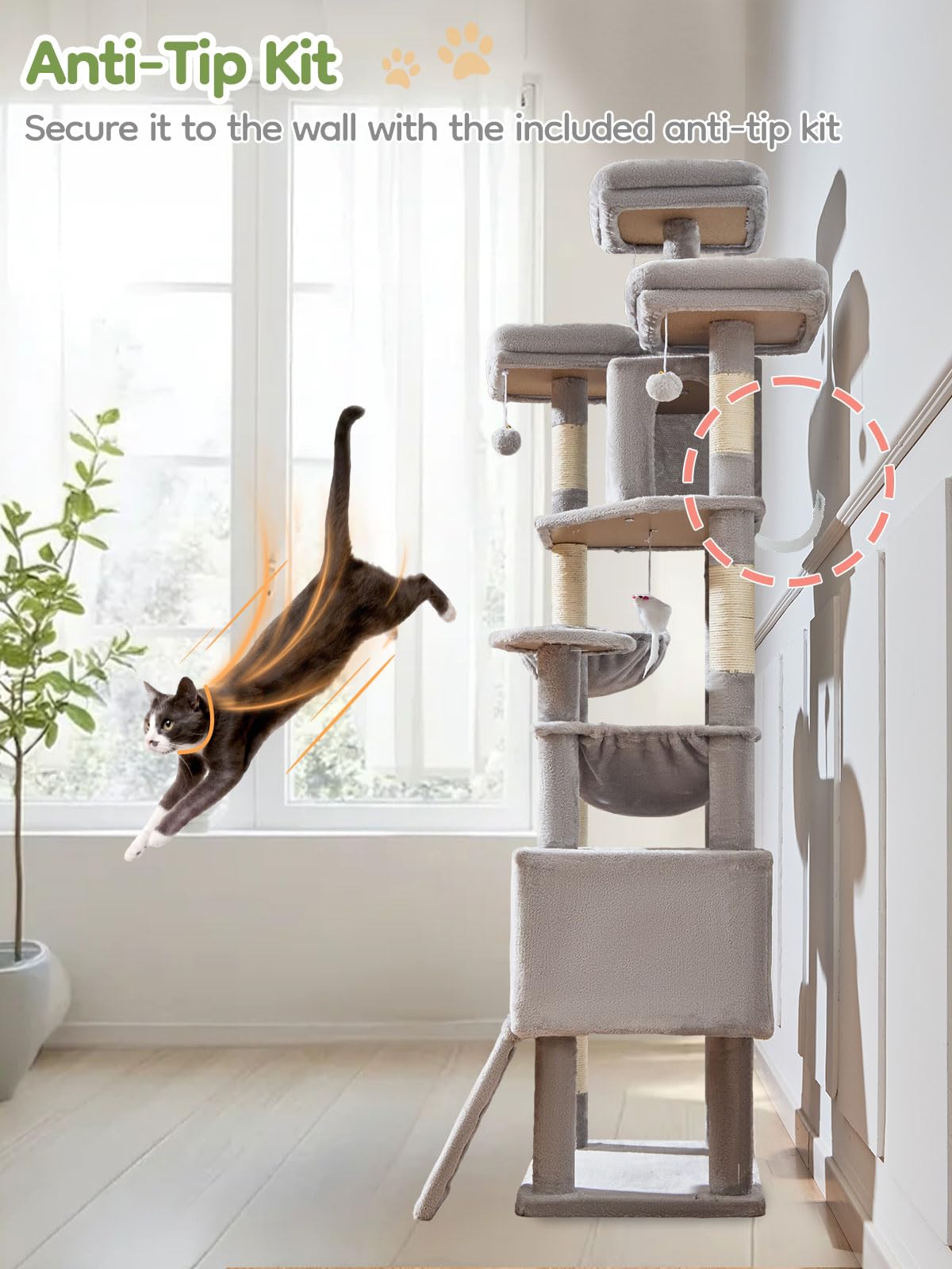 Taoqimiao 76-Inch Cat Tree XXL soft flannel perches offer warm, non-slip resting areas.
