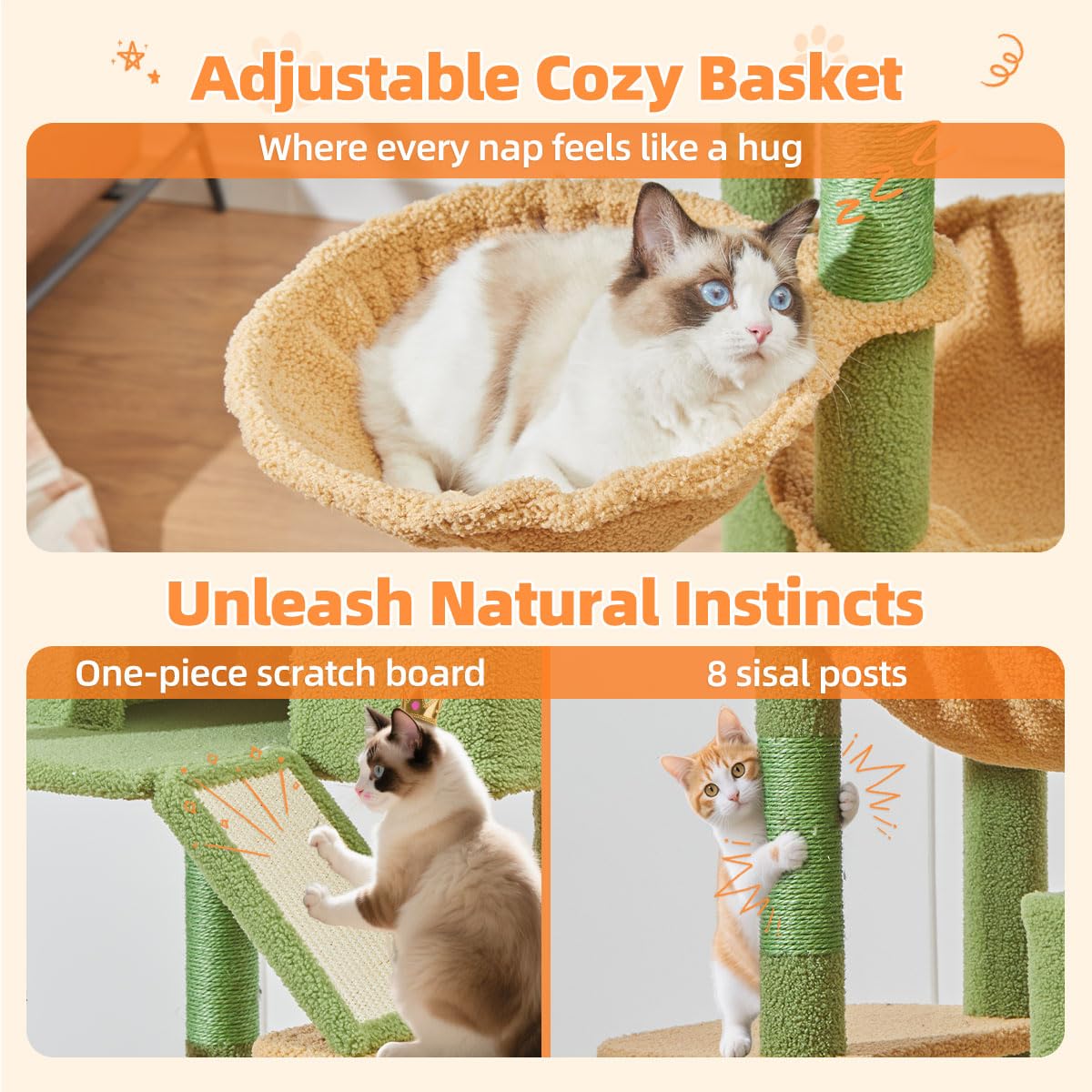 Taoqimiao cactus cat tree 3-door cave provides private hideaways for shy cats.