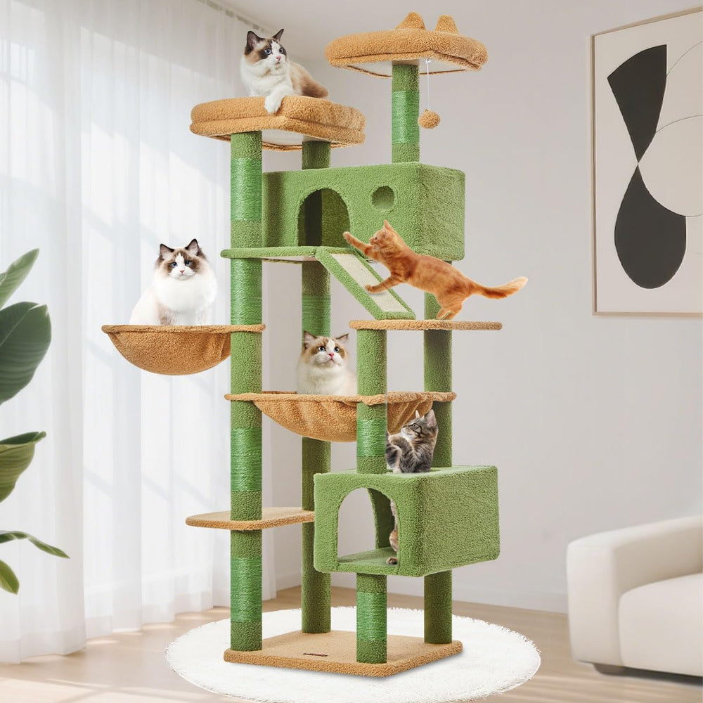 Taoqimiao cactus cat tree front view highlighting space-saving multi-level lounging for several cats.