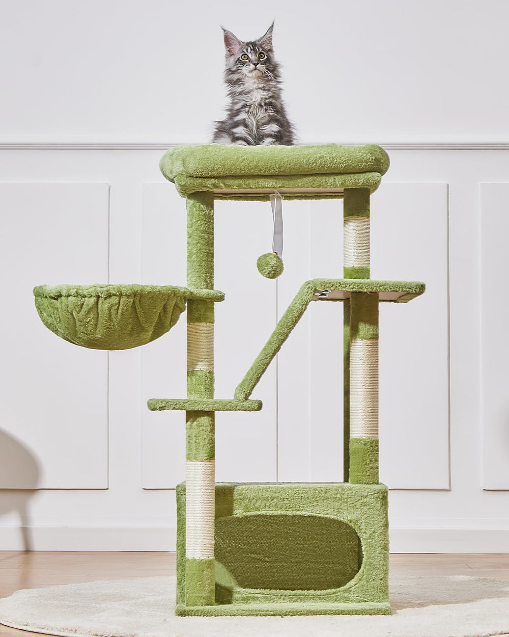 Taoqimiao cat tree features a metal hanging basket for kittens.
