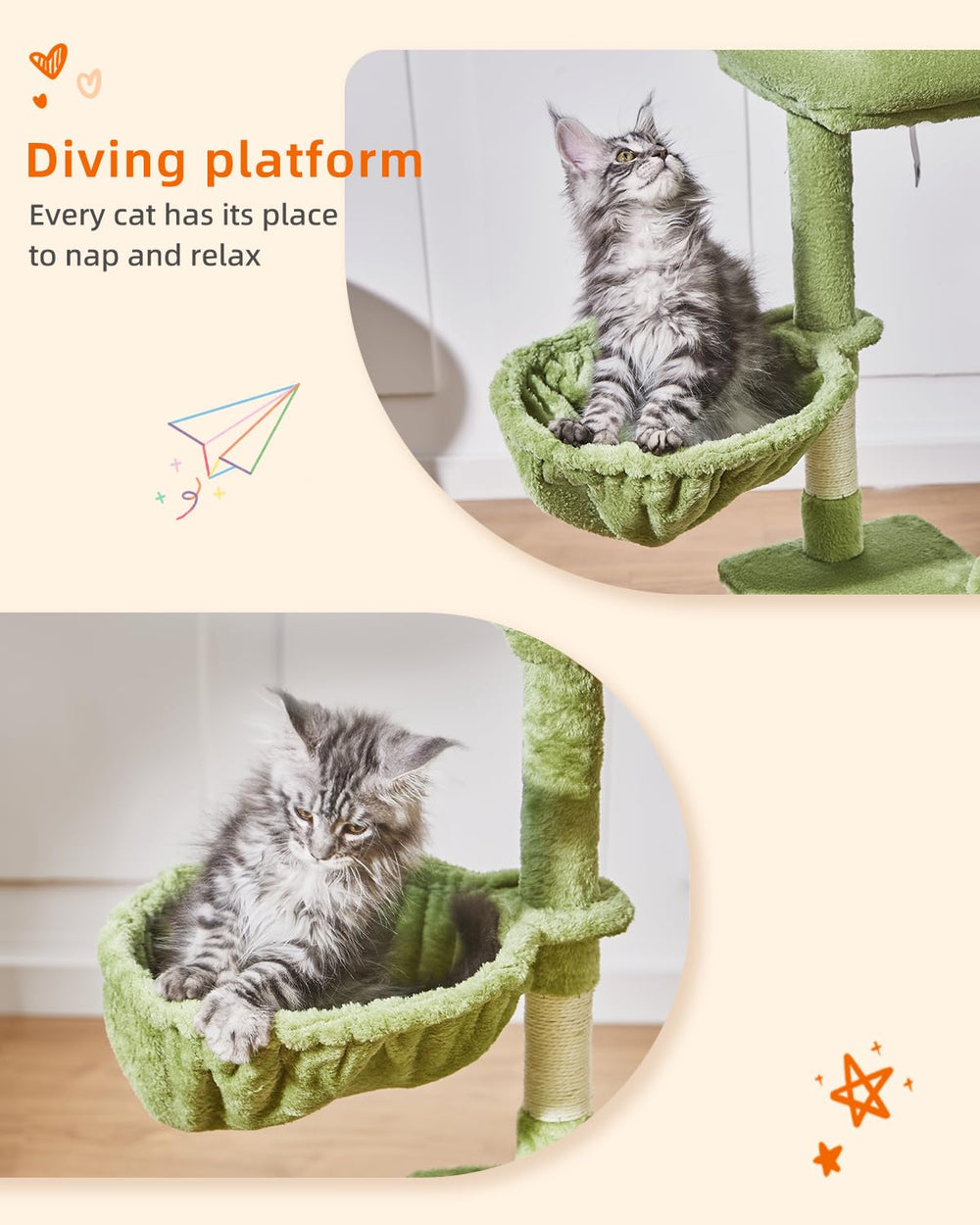 Taoqimiao cat tree with raised edges plush bed for secure lounging.