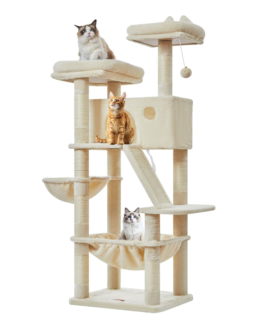 Taoqimiao cat tree 57.5-inch beige plush fabric for a soft touch and comfort.