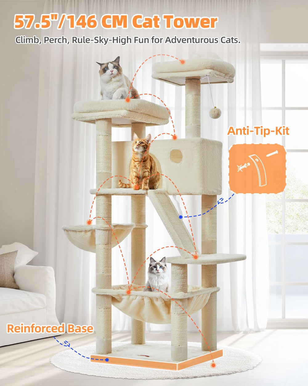 Taoqimiao cat tree 57.5-inch natural sisal posts for scratching and paw activity.