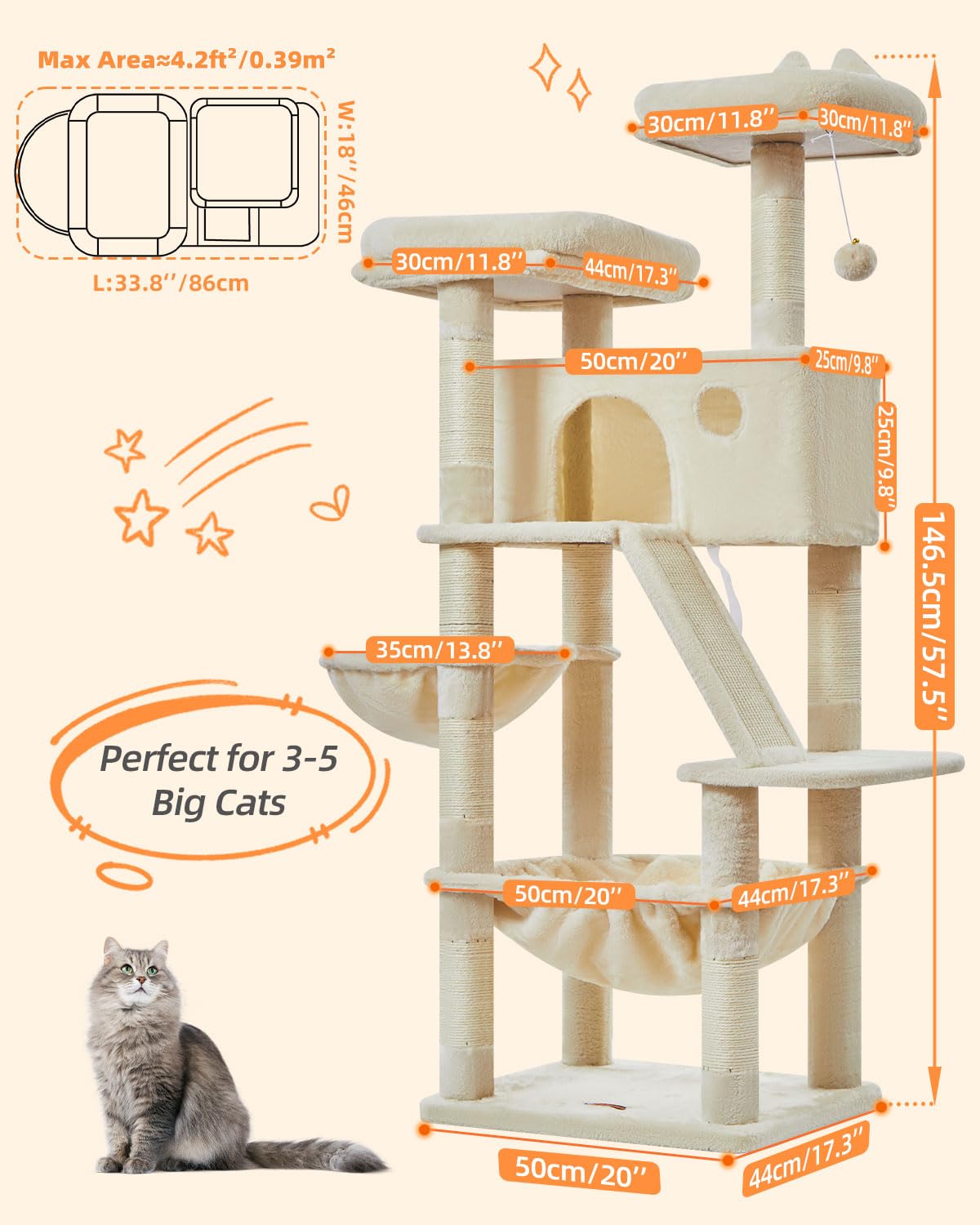 Taoqimiao cat tree 57.5-inch top perch offering room-side scenery for supervision.