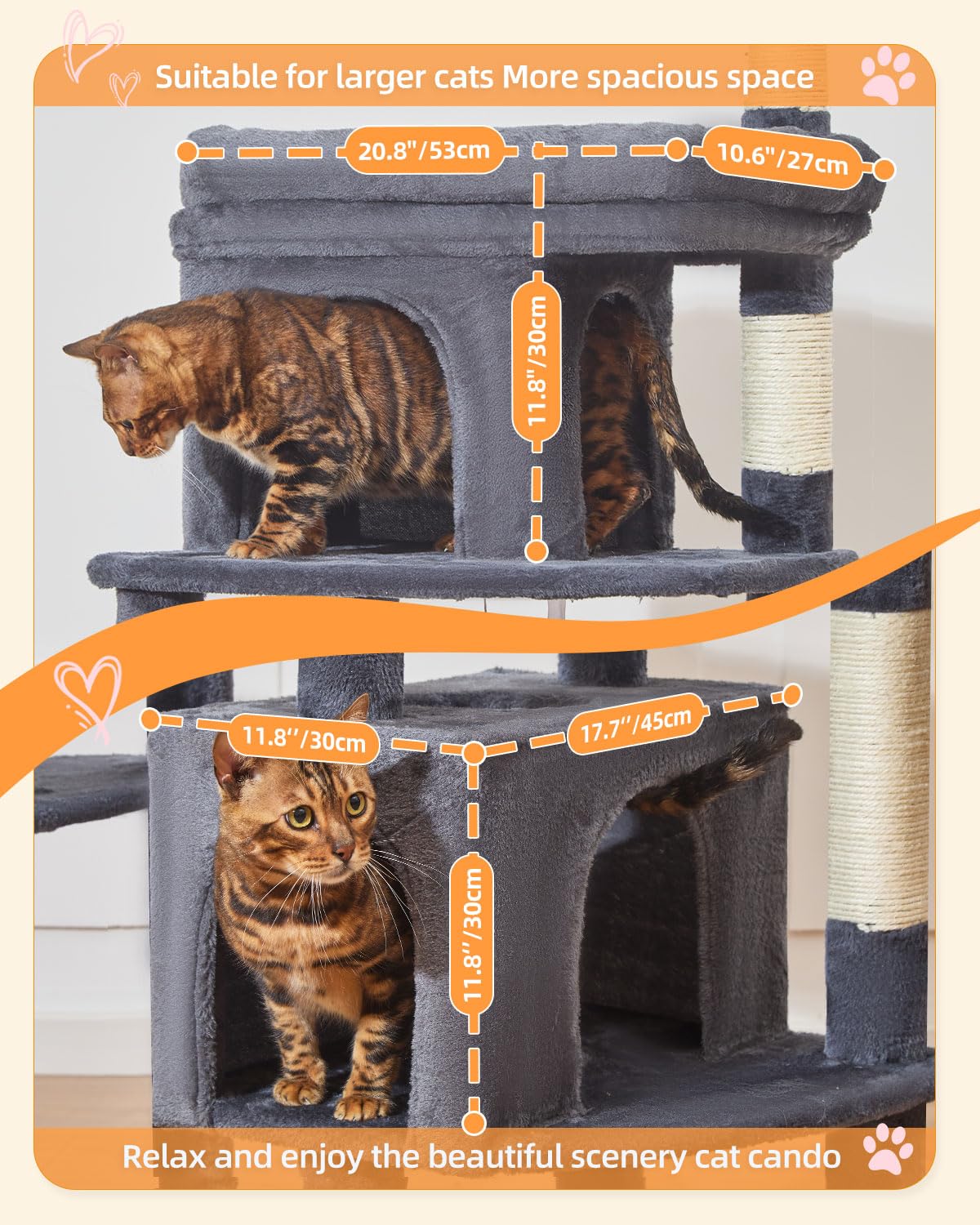 Taoqimiao cat tree cat pole adds vertical exercise and claw-satisfying play.